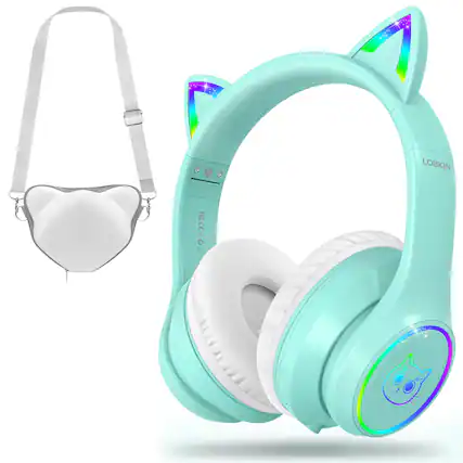 Front. Loheer - Loheer Kids Bluetooth 5.4 Headphones with Cat Ear RGB Lights, 94dB Volume Limit, 50H Playtime, Green.
