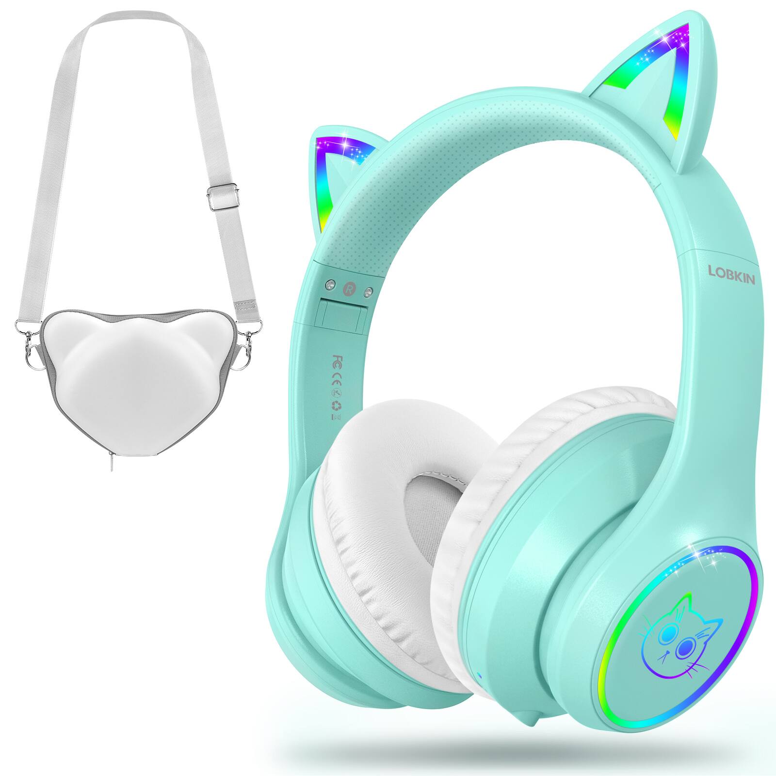 Front. Loheer - Loheer Kids Bluetooth 5.4 Headphones with Cat Ear RGB Lights, 94dB Volume Limit, 50H Playtime, Green.