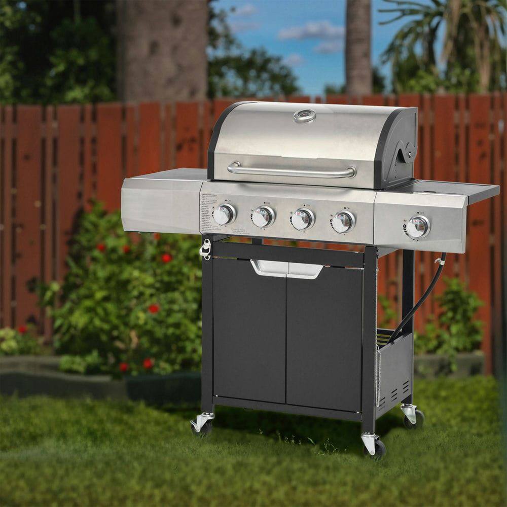 Alt View 5. Resenkos - Stainless Steel 4-Burner Propane Gas Grill: Comes with Side Burner and Cover, Perfect for Outdoor BBQ, Camping.