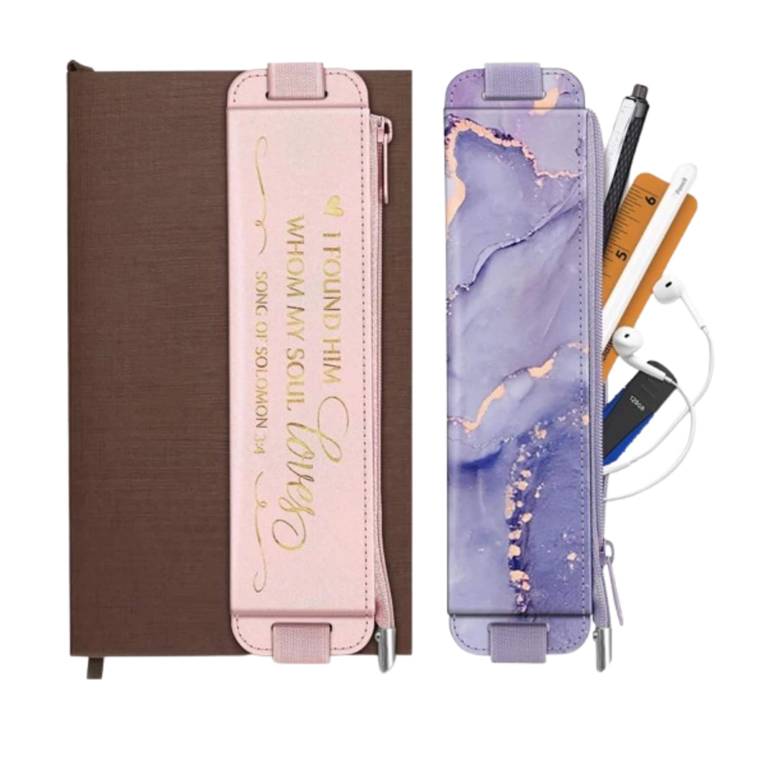 Stock Preferred - 2-Pack Elastic Pen Holder Pencil Case for Notebook & Tablets - Lilac Marble