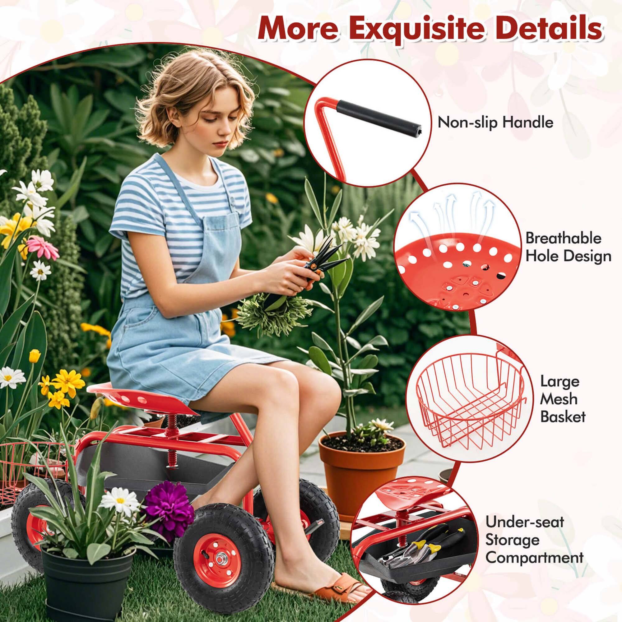 More Exquisite Details  
- Non-slip Handle  
- Breathable Hole Design  
- Large Mesh Basket  
- Under-seat Storage Compartment