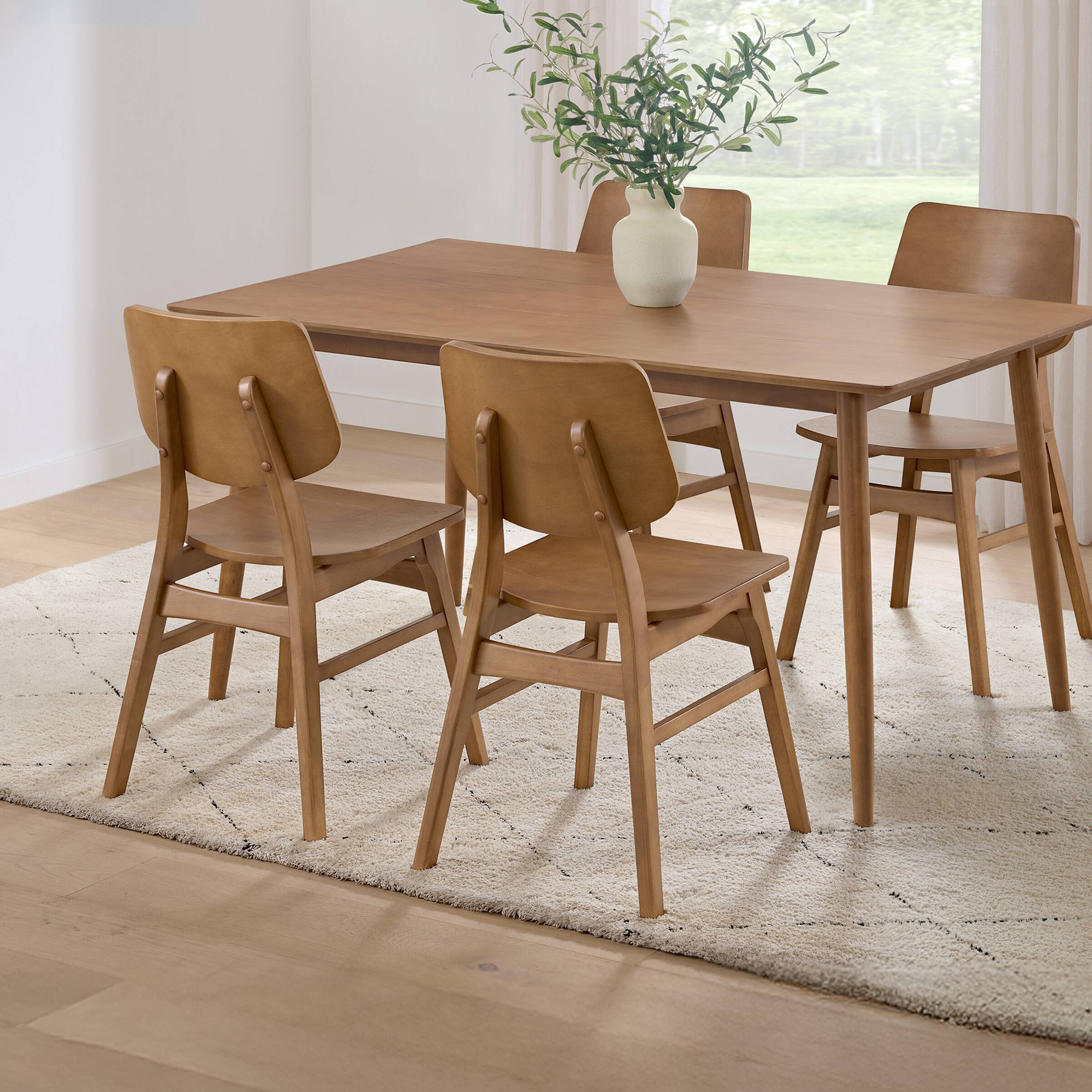 Alt View 1. Alaterre Furniture - 59 in. Pine Wood Mid Century Modern Dining Table with Set of 4 Rubber Wood Chairs - Warm Walnut.