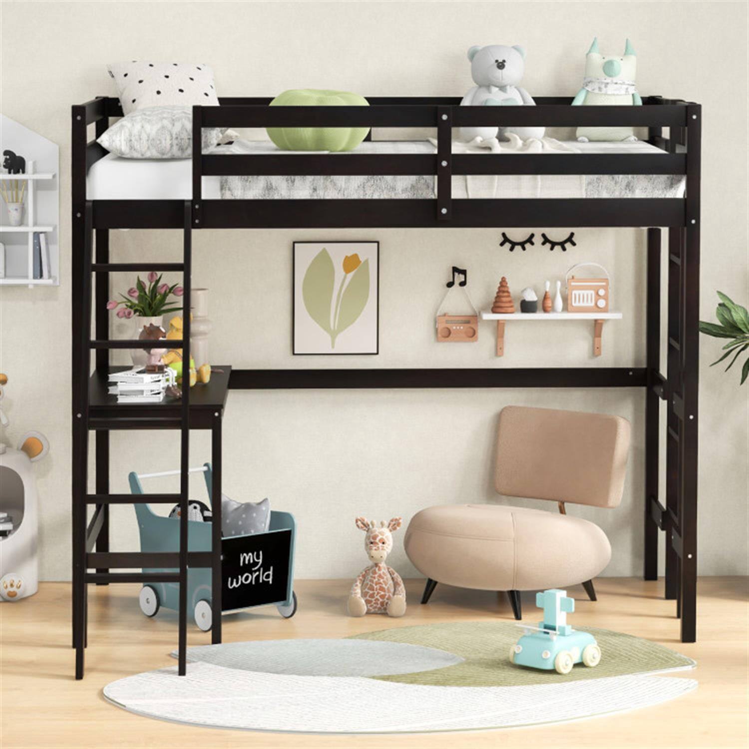 Alt View 1. Pefilos - Loft Bed Twin Size, Solid Wood Loft Bed with Desk Angled and Built-in Ladder, Modern Wooden Playhouse Bed Frame, Brown - Brown.