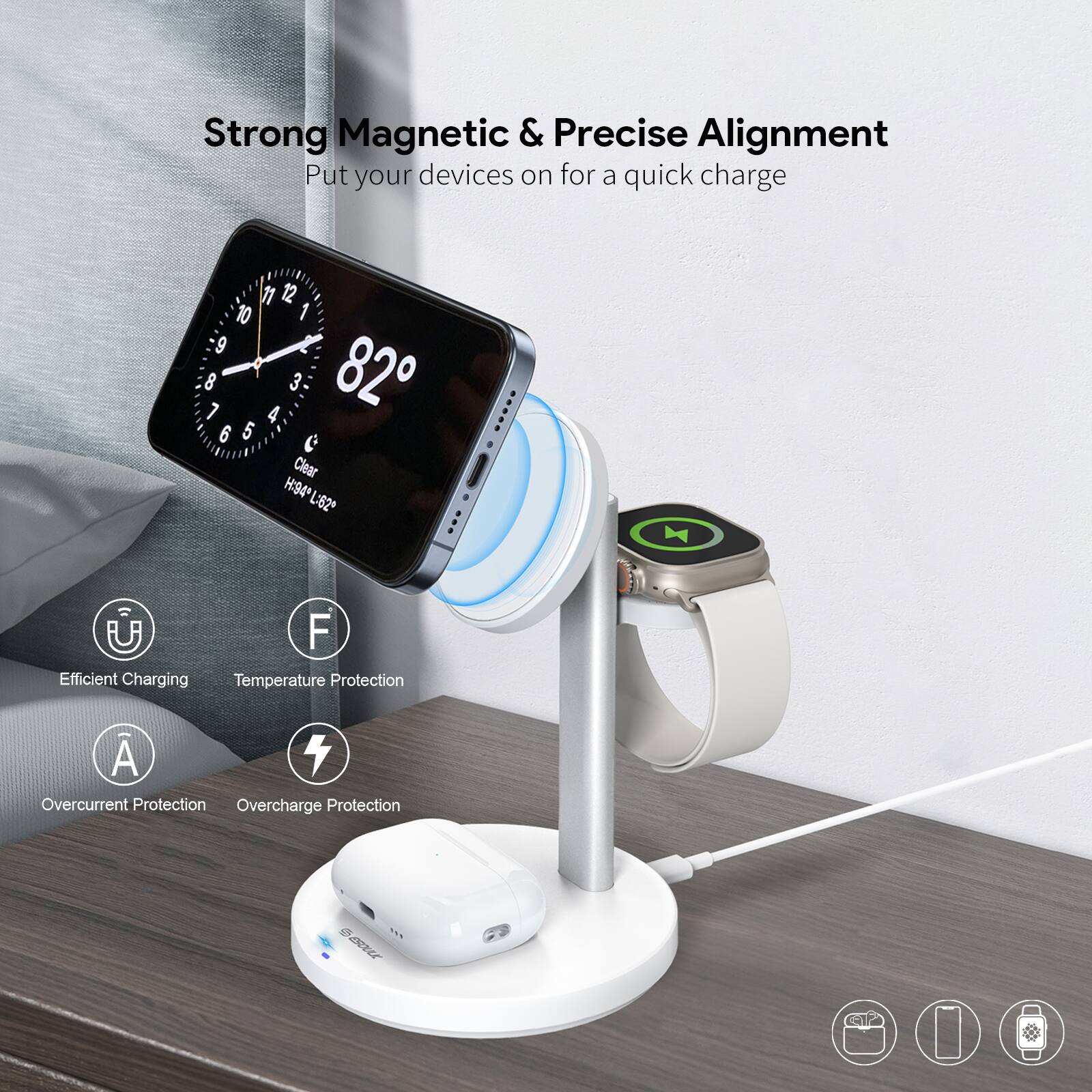 Strong Magnetic & Precise Alignment
Put your devices on for a quick charge
11 12 10 1 9 1 8 4 3 82 6 5 e Clear A L:82
Efficient Charging
Temperature Protection
A Overcurrent Protection
Overcharge Protection