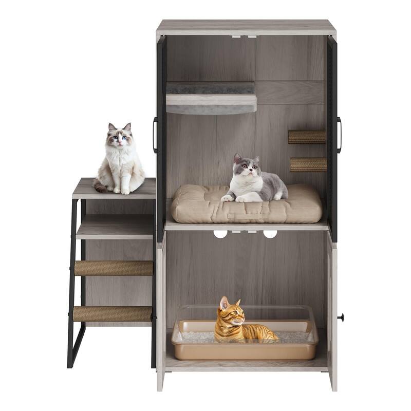 Alt View 4. GARVEE - Cat Litter Box Enclosure with Ladder and Doors for 2 Cats,Double Cat House with Storage Space - Gray.