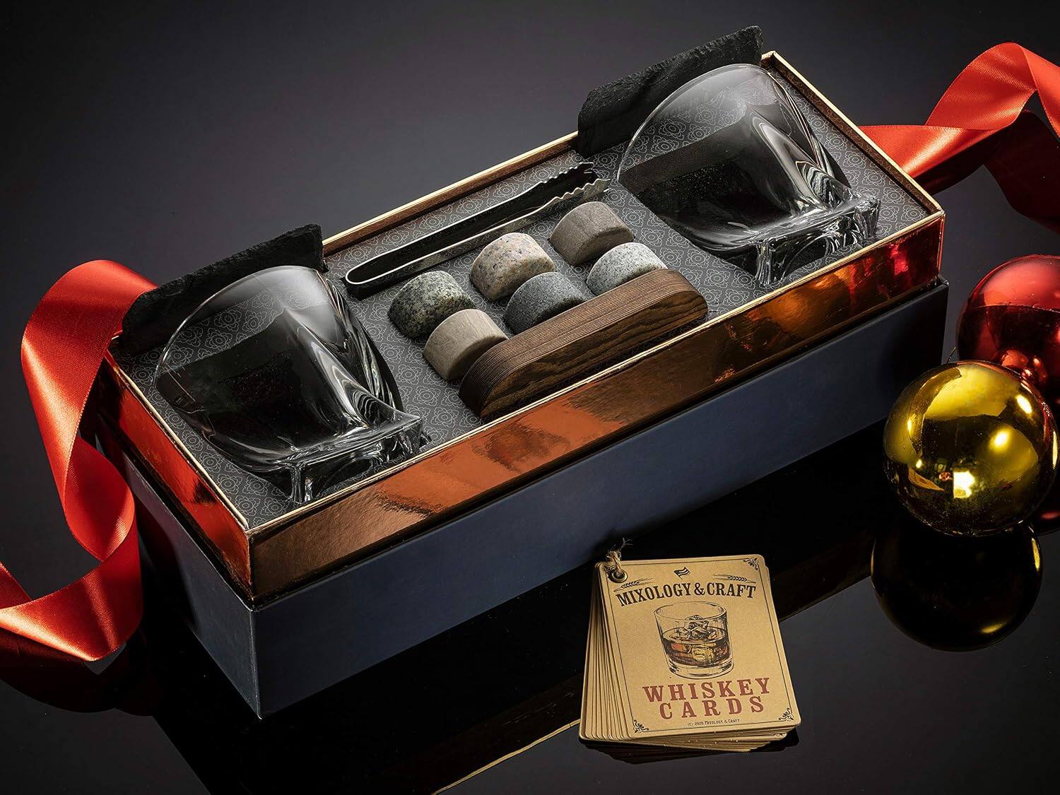 Zulay Kitchen - Whiskey Glasses Stones Gift Set for Men with a Classy Gift Box and 6 Granite Round Whiskey Stones