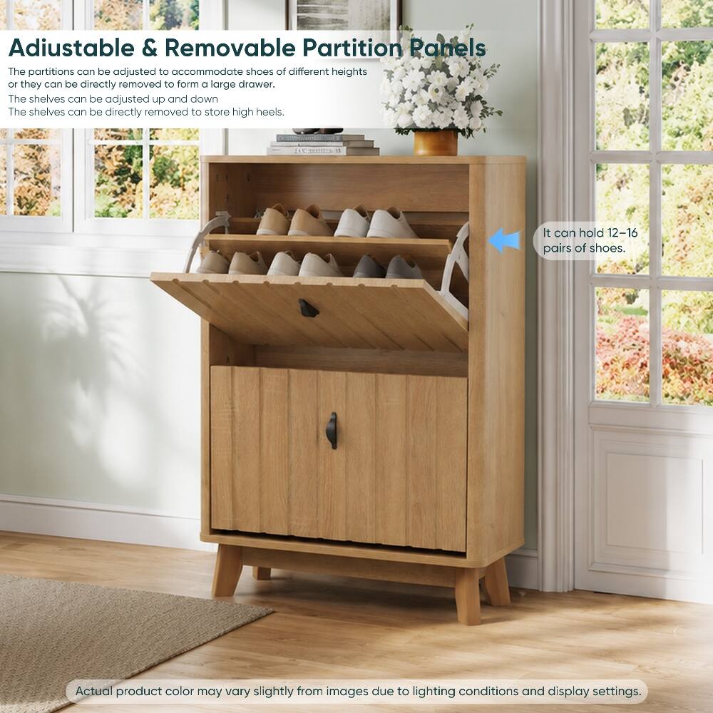 Adjustable & Removable Partition Panels  
The partitions can be adjusted to accommodate shoes of different heights or they can be directly removed to form a large drawer. The shelves can be adjusted up and down. The shelves can be directly removed to store high heels.  
It can hold 12-16 pairs of shoes.  
Actual product color may vary slightly from images due to lighting conditions and display settings.
