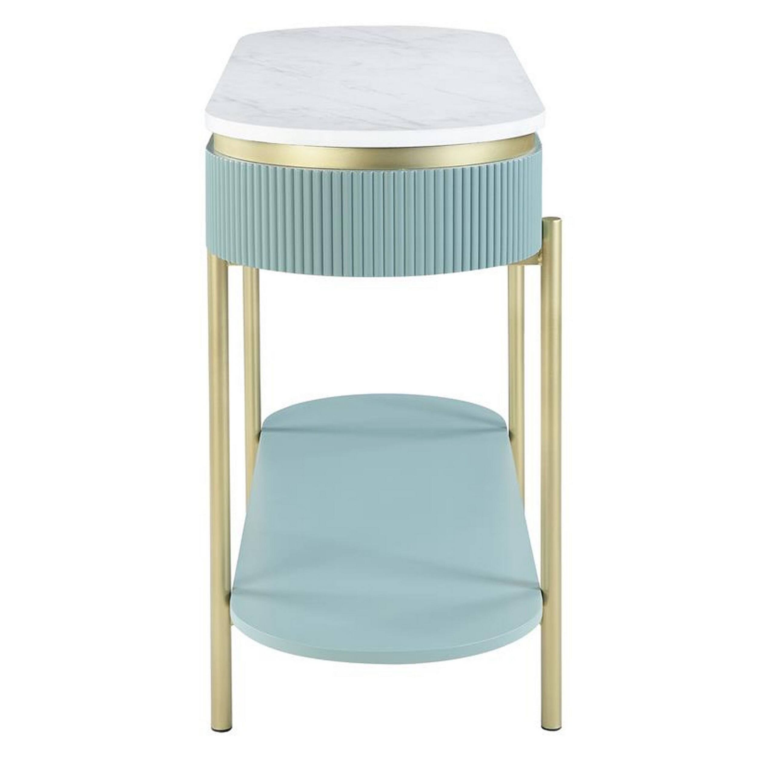 Alt View 3. Manhattan Lane - Ville 48 Inch Sofa Console Table, White Faux Marble Top, Teal Reeded Edge - White, Teal, Gold.