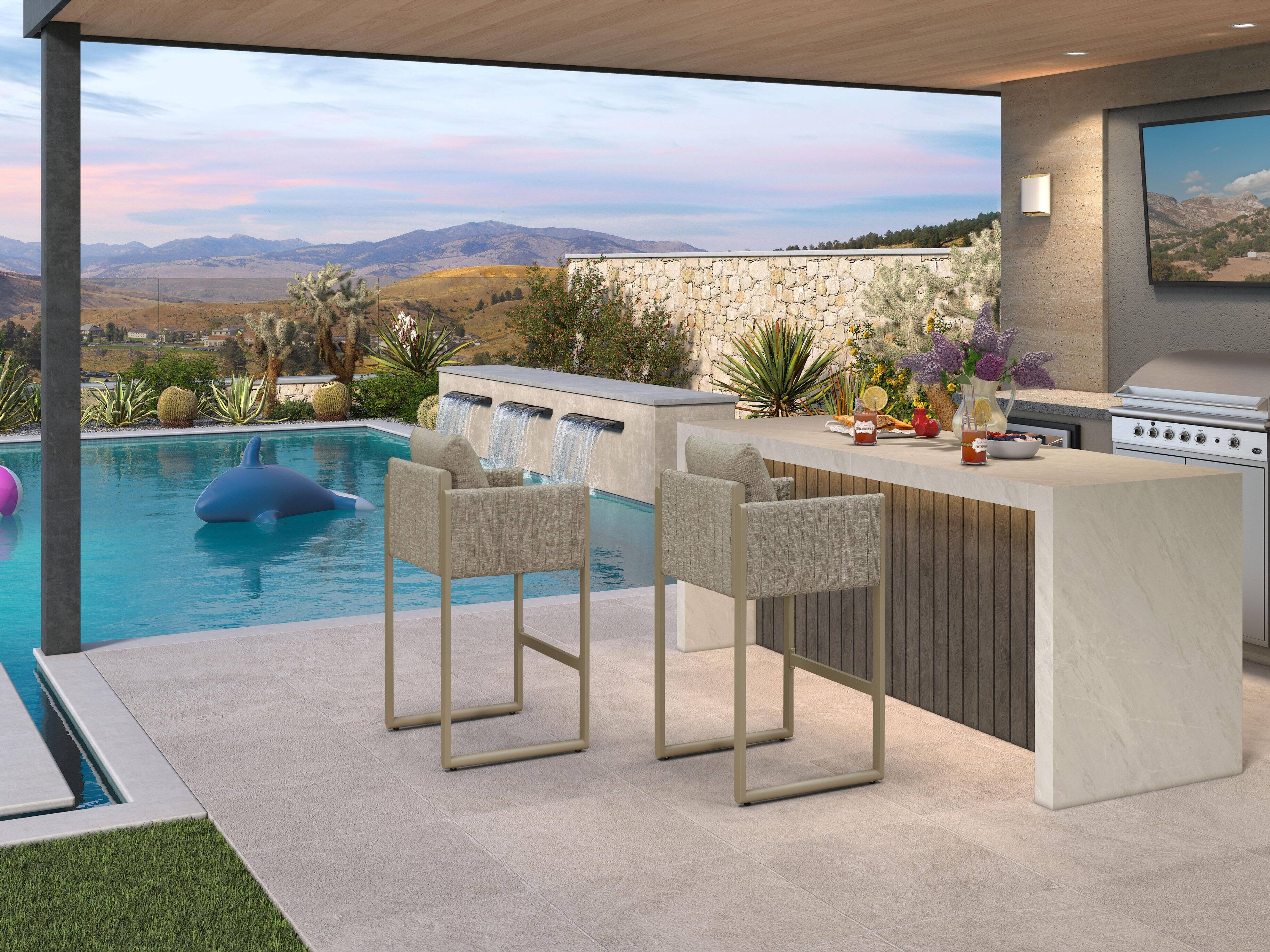 Alt View 2. PURPLE LEAF - Outdoor Bar Height Stool Set of 2 Aluminum Modern Olefin Barstools with Backrest Pillow for Garden Balcony Lawn - Champagne & Oval Base-Bar Stool.