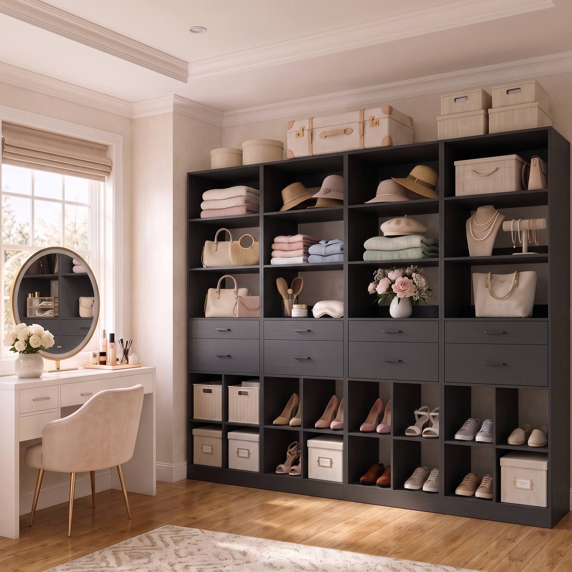 Left. Aheaplus - 22" 4-Piece Floor-Standing Closet System with Adjustable Shelves & Smooth-Glide Drawers,Ships in 4 packages - Black.