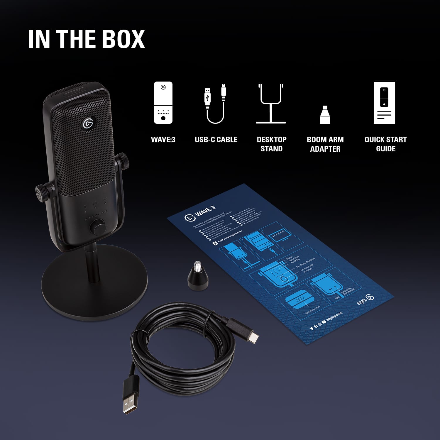 In the box, you will find a Wave-3 USB-C cable, a desktop stand, a boom arm adapter, and a quick start guide.