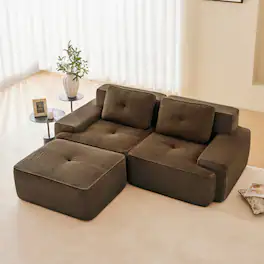 Anysun - 82" L-Shape Corduroy Sectional Sofa with Ottoman - 2-Seat Deep-Seat Couch, Pearl Piping, Tufted, No Assembly - Brown