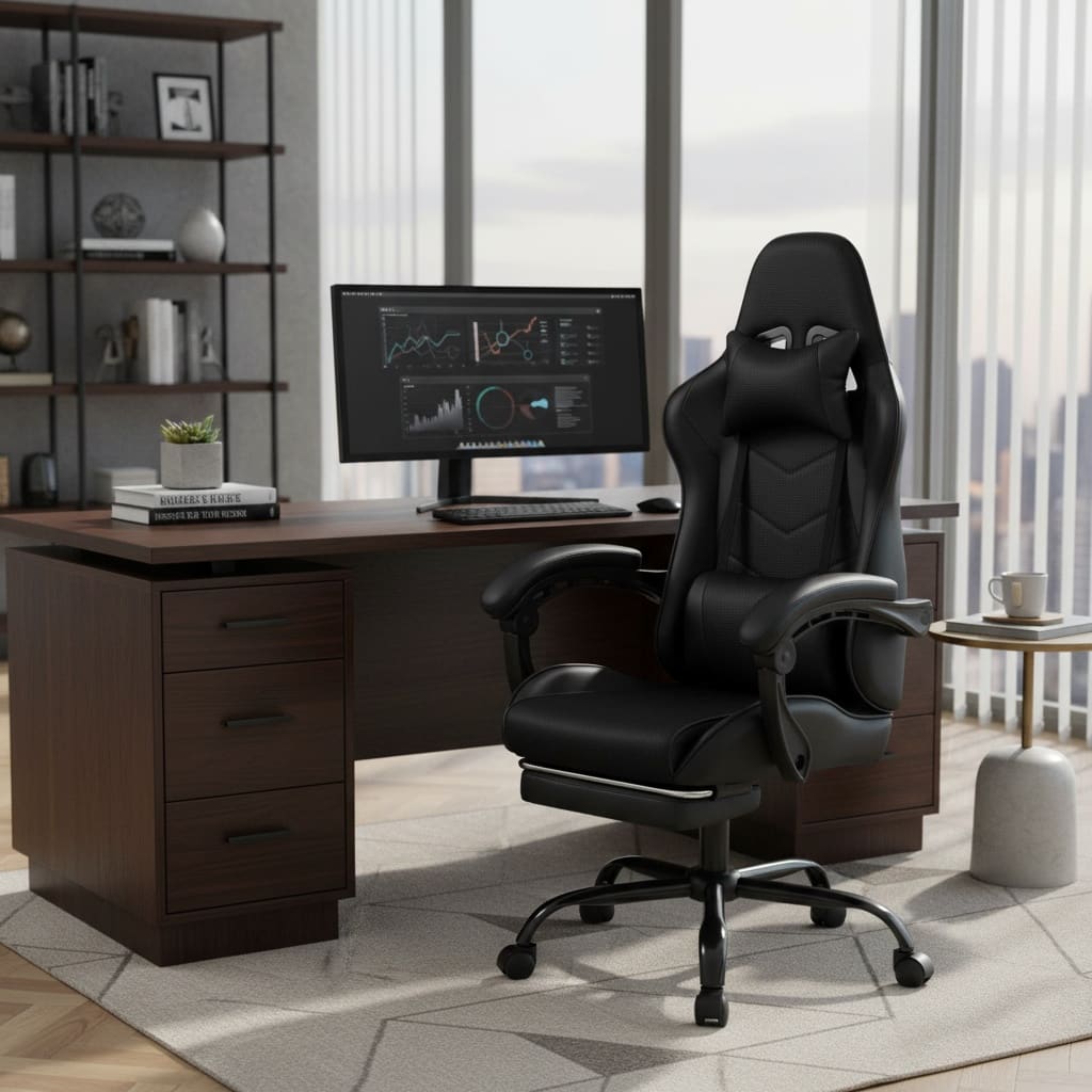 Forest'nSky - Gaming Chair with Massage, PU Leather Racing Style Sports Car Seat, Ergonomic Swivel Rolling Desk Chair - Black