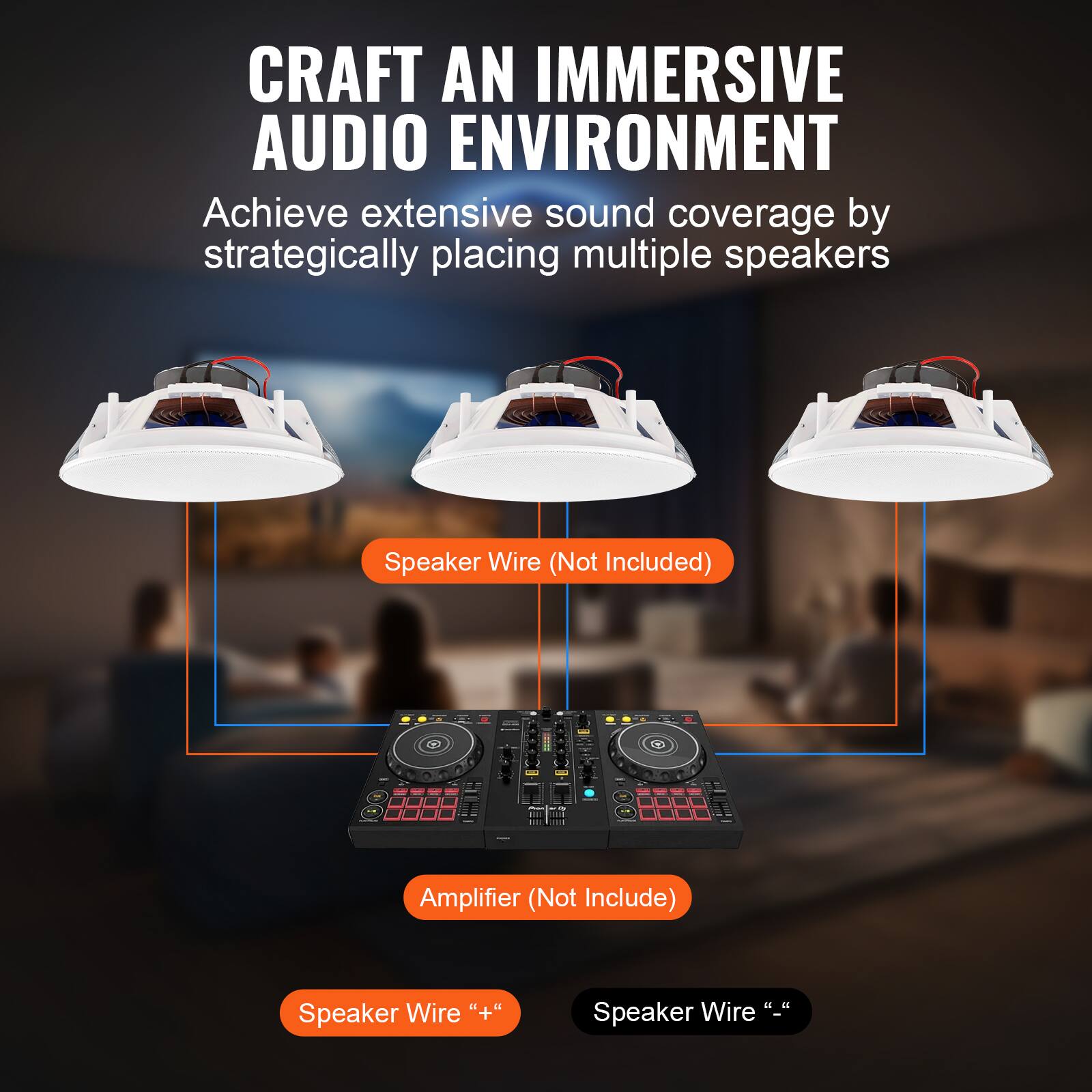 CRAFT AN IMMERSIVE AUDIO ENVIRONMENT

Achieve extensive sound coverage by strategically placing multiple speakers

Speaker Wire (Not Included)

Amplifier (Not Included)

Speaker Wire “+”

Speaker Wire “-”