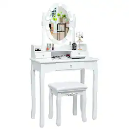 WELLFOR - Makeup Vanity Table Set with LED Mirror &, 3 Storage Drawers, Vanity Desk with Soft‑Sponge Cushioned Stool for Bedroom - White