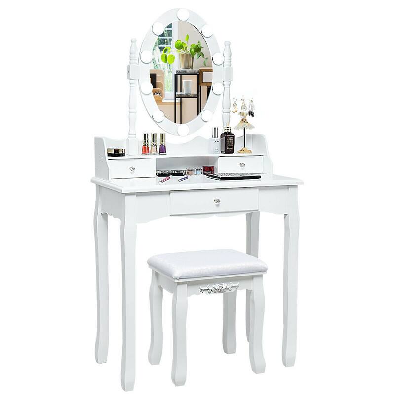 Front. WELLFOR - Makeup Vanity Table Set with LED Mirror &, 3 Storage Drawers, Vanity Desk with Soft‑Sponge Cushioned Stool for Bedroom - White.