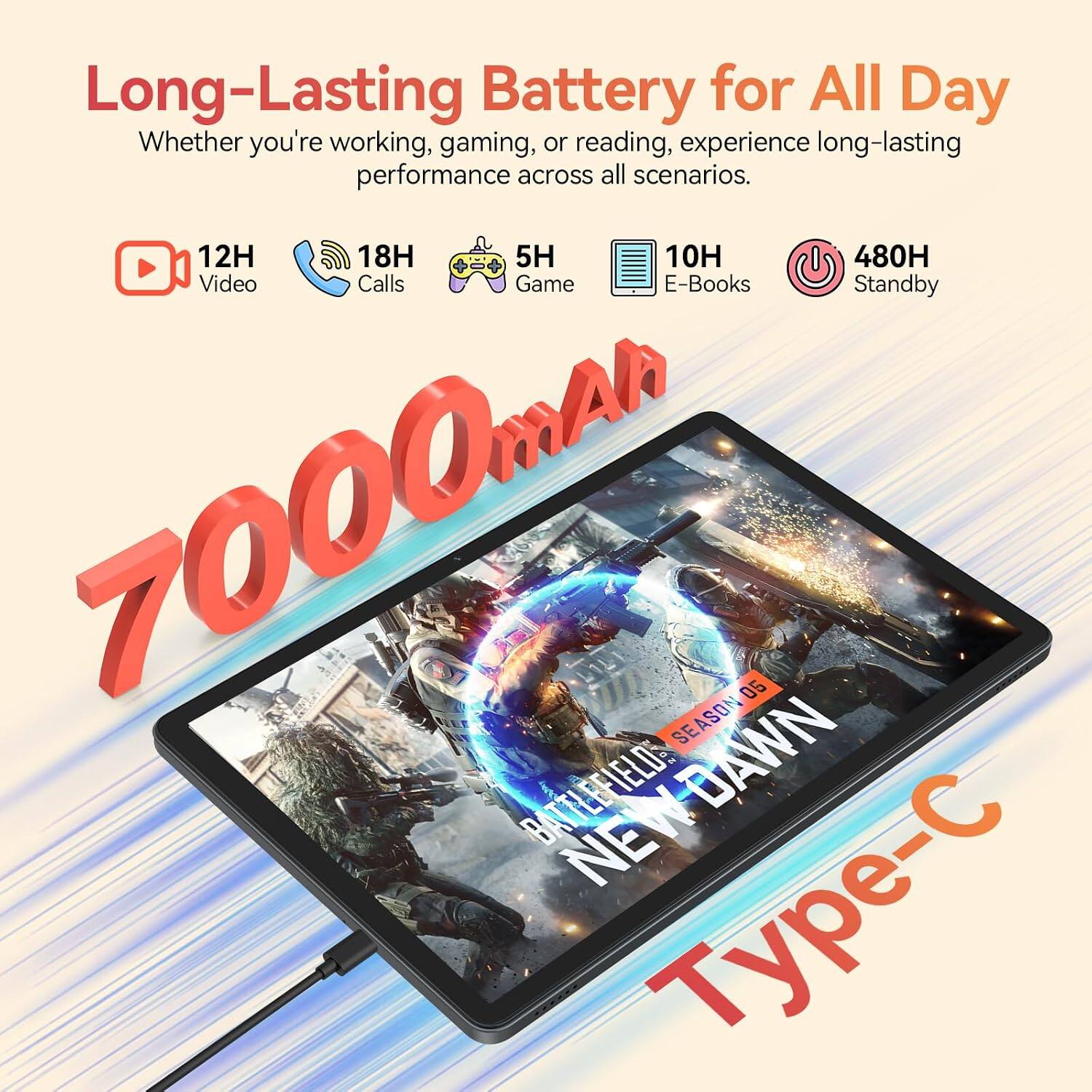 Long-Lasting Battery for All Day  
Whether you're working, gaming, or reading, experience long-lasting performance across all scenarios.  

12H Video  
18H Calls  
5H Game  
10H E-Books  
480H Standby  

7000mAh  

BATTLEFIELD NEW DAWN SEASON 05  

Type-C