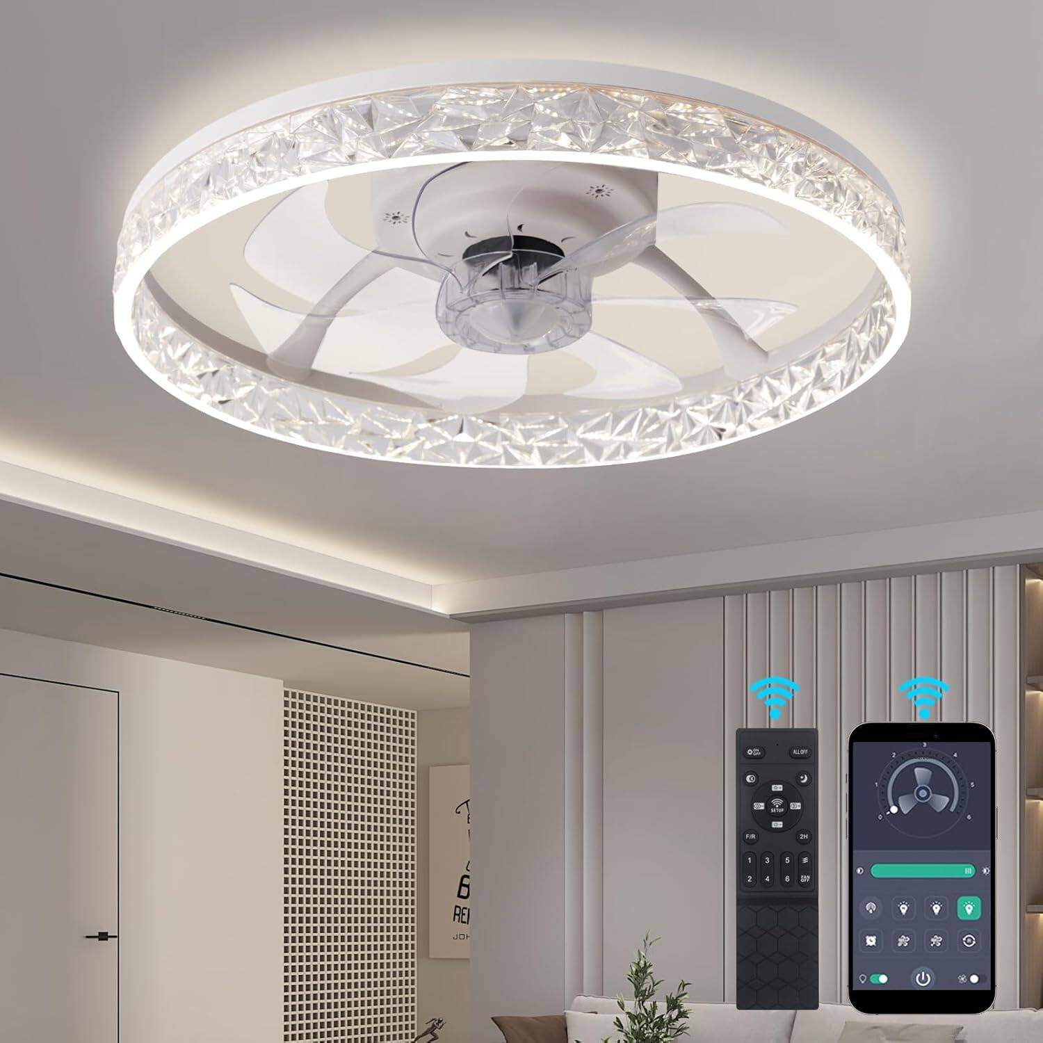 Schertz - 20" Ceiling Fan with Lights & Remote, Dimmable LED, 6 Wind Speeds, White