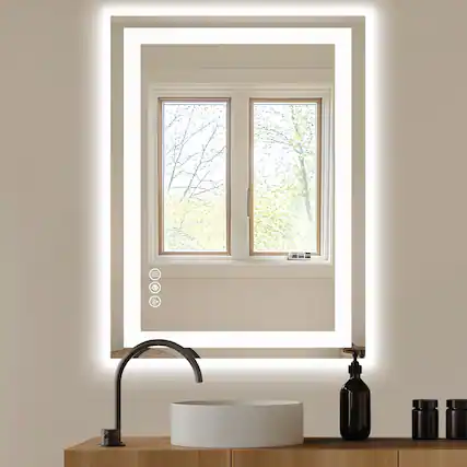 Front. AENKYO - 28"x36" LED Bathroom Mirror with Anti-fog Dual Light Dimmable Wall Mirror - White.