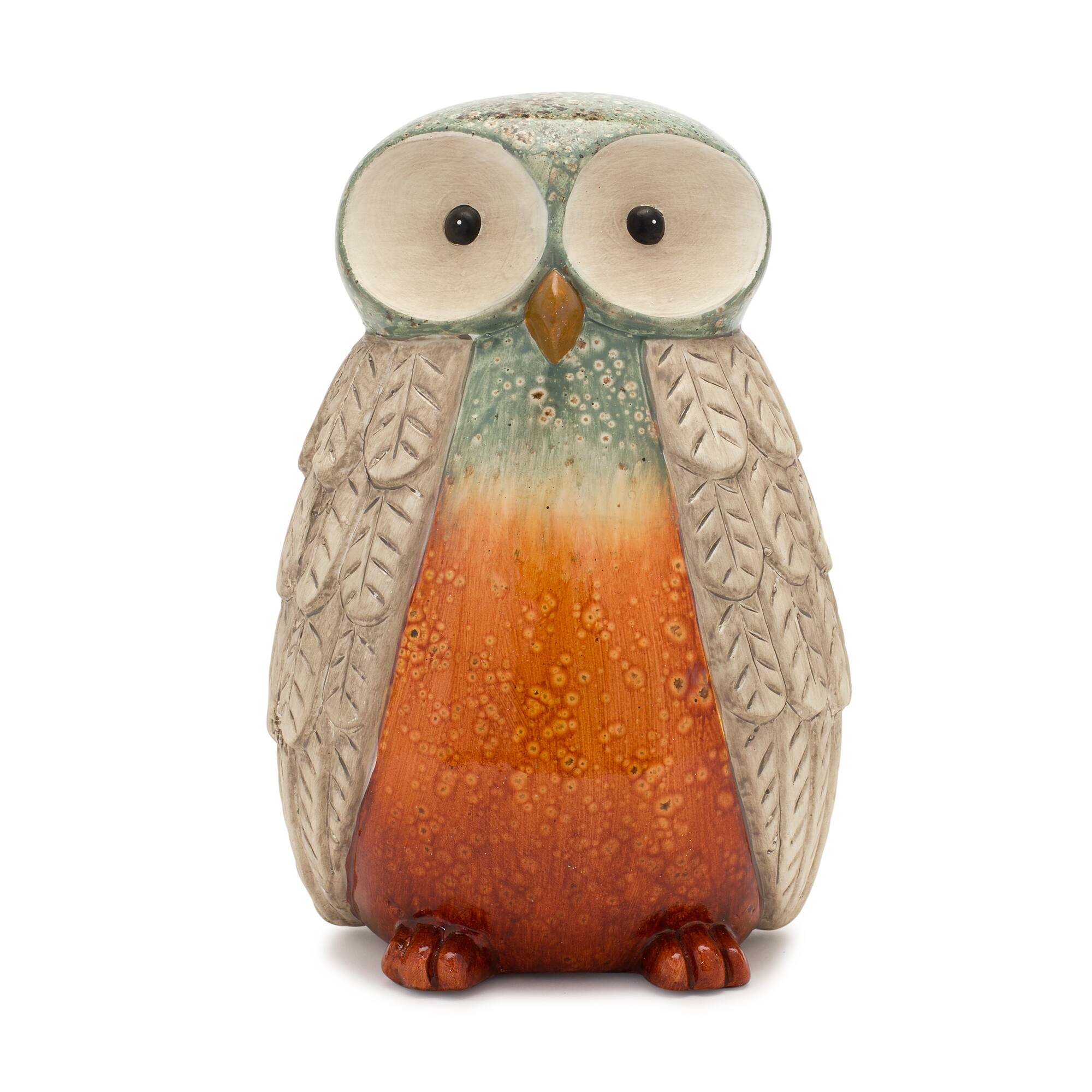 Left. BreeBe - Terra Cotta Owl Figurine with Glazed Accents (Set of 4) - Orange, Green, Beige.