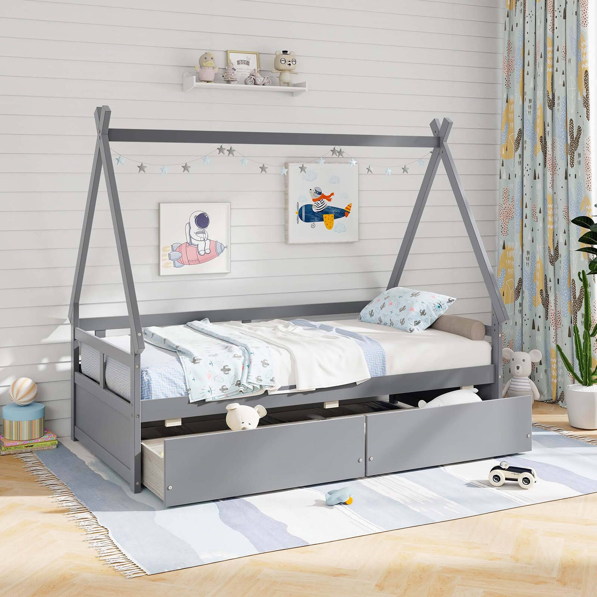 Alt View 2. Costway - Twin Size House Bed with Roof Safety Guardrail 2 Storage Drawers Wood Slat Support - Gray.
