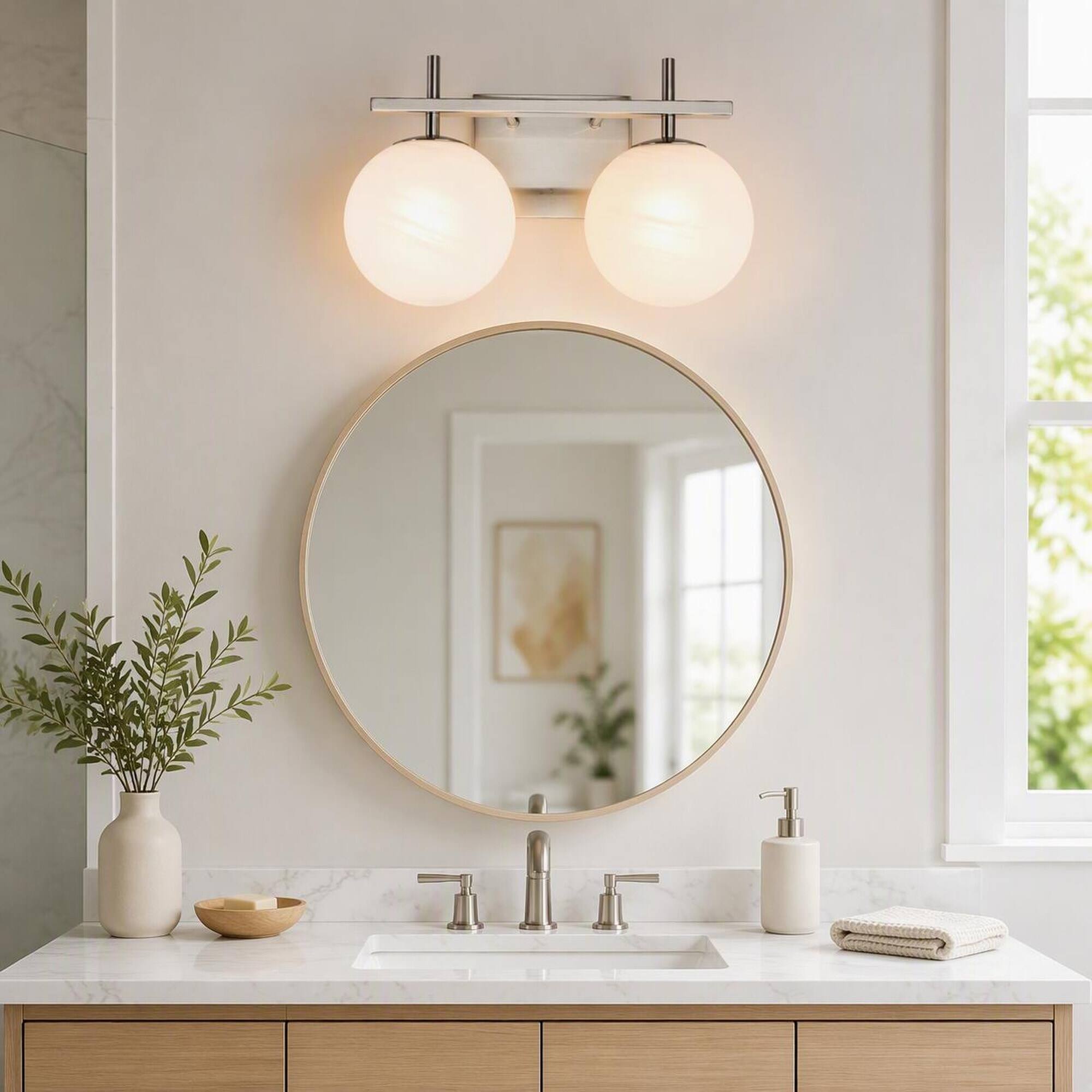 Angle. RYHNUYNE - 2-Light Modern Bathroom Vanity Light, Nickel Finish Wall Sconce with White Marble-Look Globe Shades.