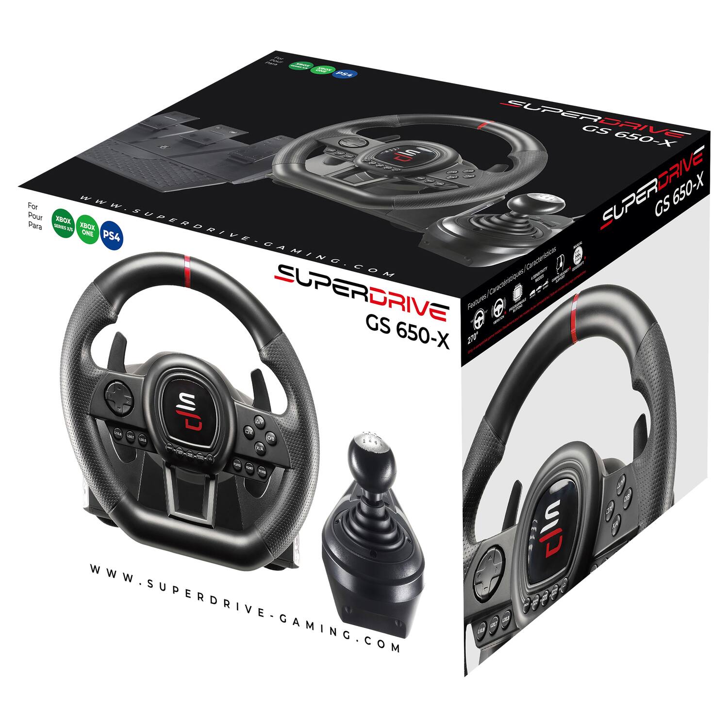 SUPERDRIVE GS 650-X  
For Pour Para Xbox One PS4  
WWW.SUPERDRIVE.GAMING.COM  
Features:  
- Carbon Fiber Steering Wheel  
- 270° Throttle Pedal  
- Compatible with PlayStation 4 and Xbox One