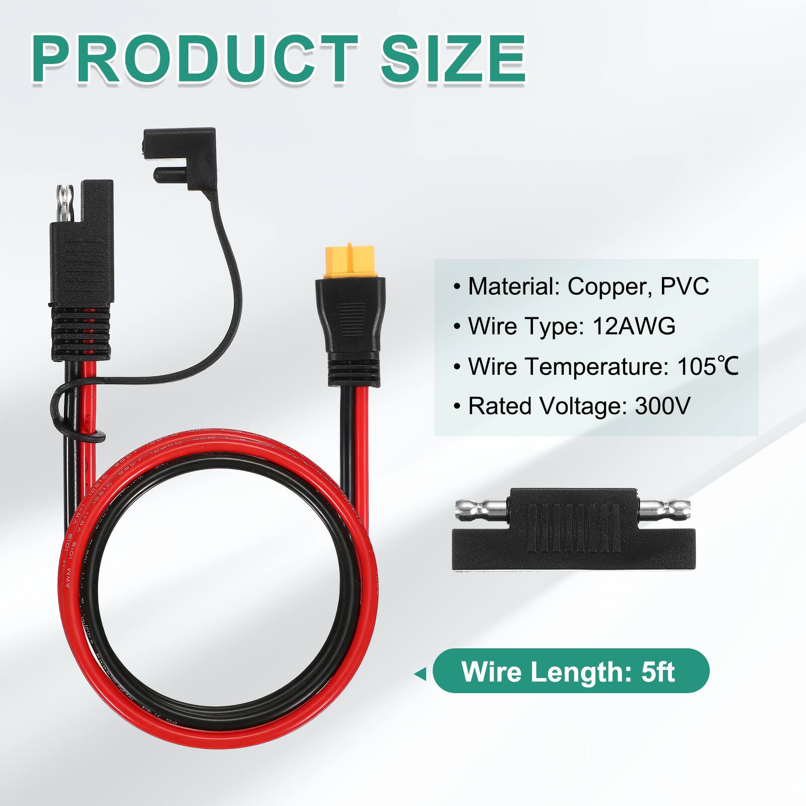 PRODUCT SIZE

- Material: Copper, PVC
- Wire Type: 12AWG
- Wire Temperature: 105°C
- Rated Voltage: 300V

Wire Length: 5ft
