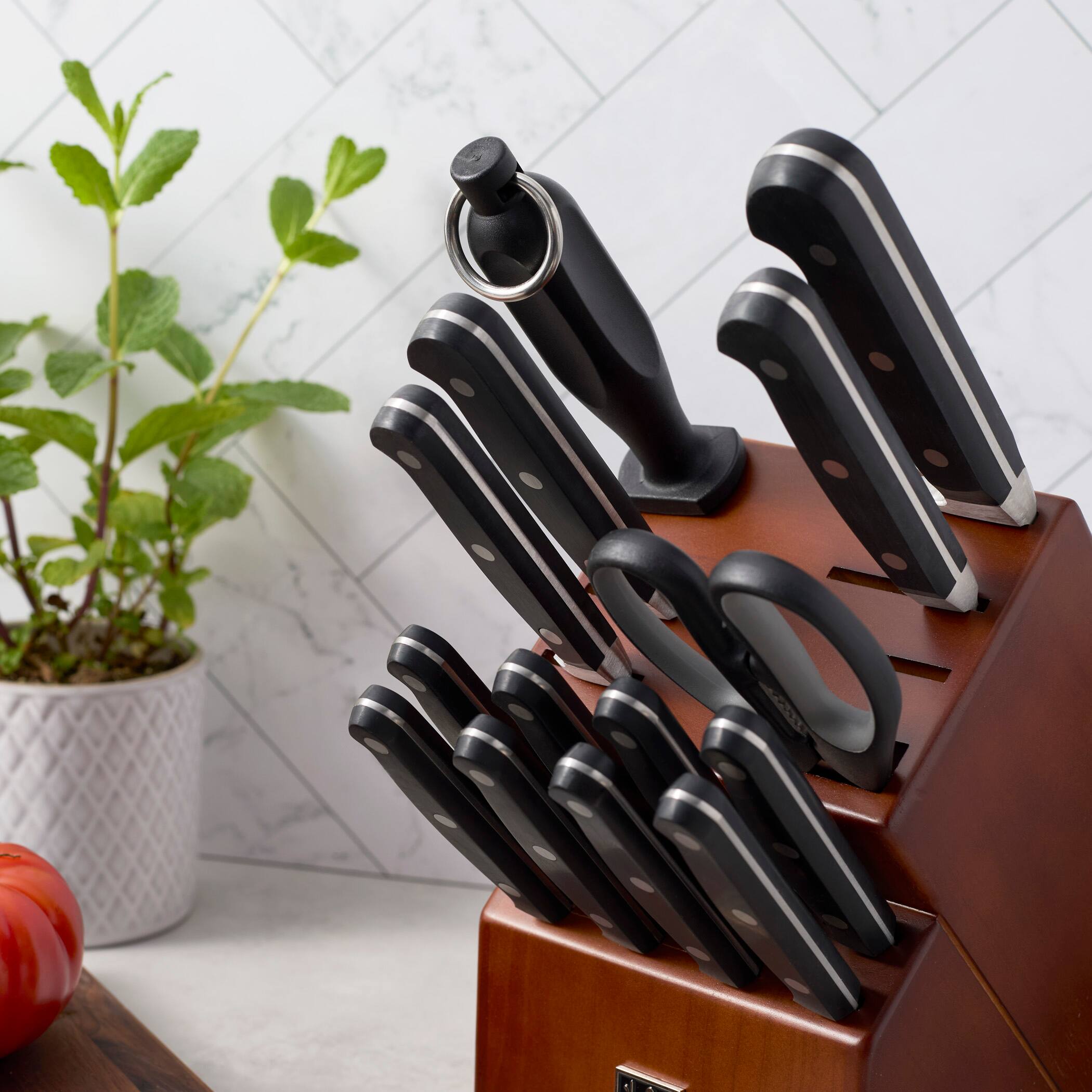 Alt View 2. Henckels - HENCKELS Classic Razor-Sharp 16-pc Knife Block Set, Chef Knife, Bread Knife, Carving Fork and Knife, , Dark Brown Block - Ash.