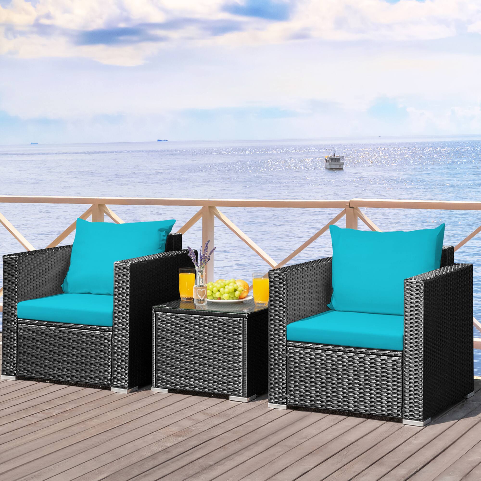 Alt View 3. Gymax - Gymax 3PCS Rattan Patio Conversation Furniture Set Outdoor w/ Turquoise Cushions - Turquoise.