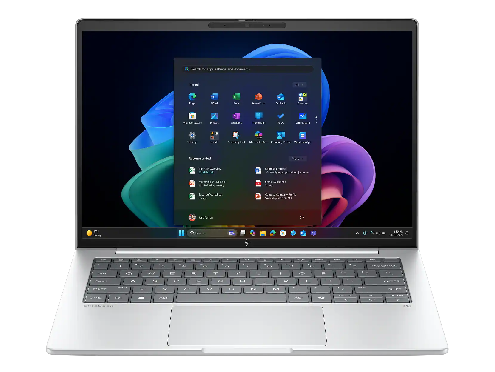Sure, here is the corrected and grouped text:

---

**Search for apps, settings, and documents**

**Pinned**
- Edge
- Word
- Excel
- PowerPoint
- Outlook
- Contoso
- Microsoft Store
- Photos
- OneNote
- Phone Link
- To Do
- Whiteboard
- Settings
- Sports
- Snipping Tool
- Microsoft 365
- Company Portal
- Windows App

**Recommended**
- Business Overview
- All Hands
- Marketing Status Deck
- Expense Worksheet
- Contoso Company Profile

**More**
- Marketing Status Deck
- Brand Guidelines
- Contoso Company Profile

**Recent**
- Multiple people edited just now
- Expense Worksheet 4h ago
- Contoso Company Profile Yesterday at 10:50 AM

**User**
- Jack Purton

**Weather**
- 71°F Sunny

**Date and Time**
- 2:30 PM
- 11/19/2024

---

This text is organized based on the layout and content visible in the image.