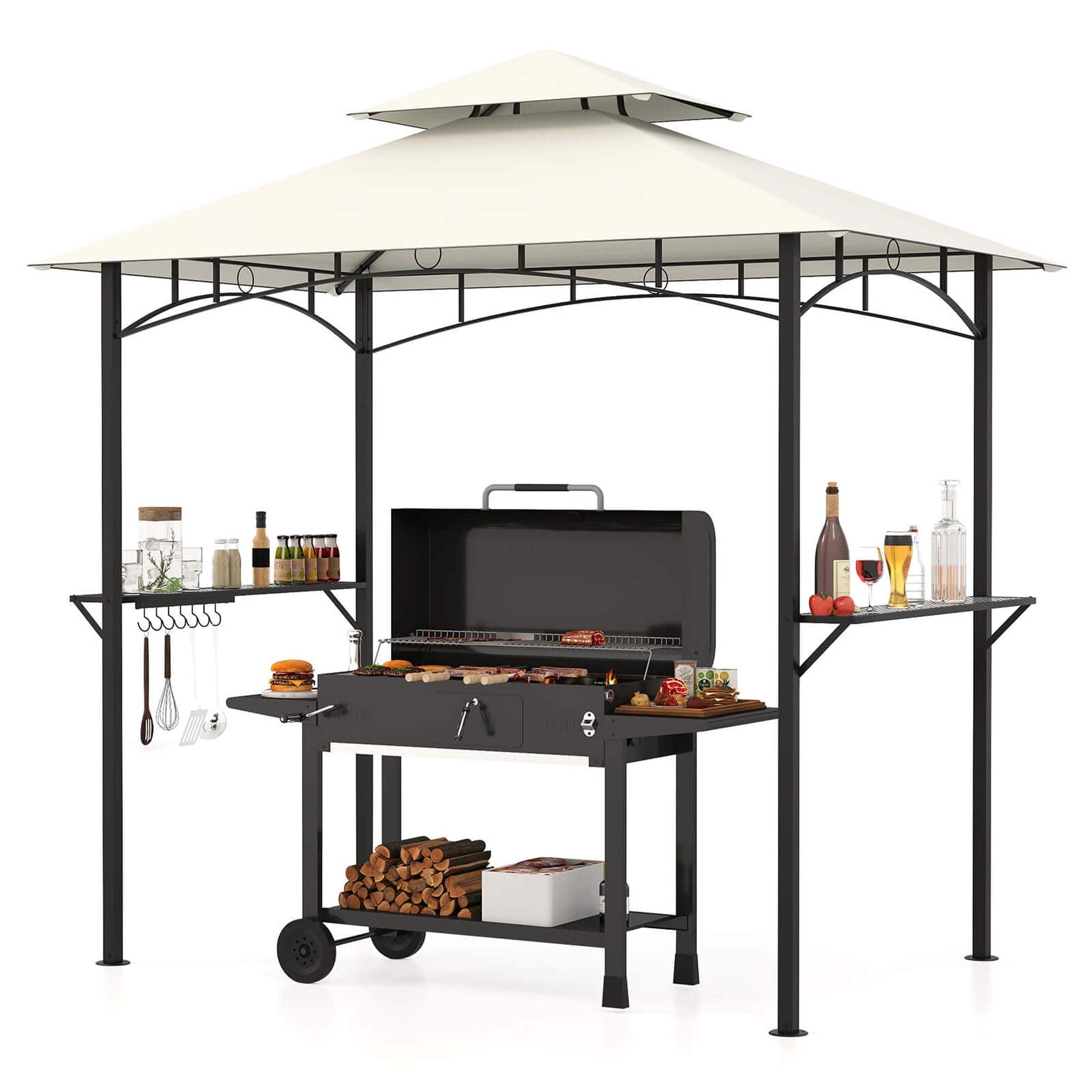 Front. Costway - Costway 8' x 5' Grill Gazebo with 2 Shelves 7 Hooks Metal Frame Soft Top - Beige.