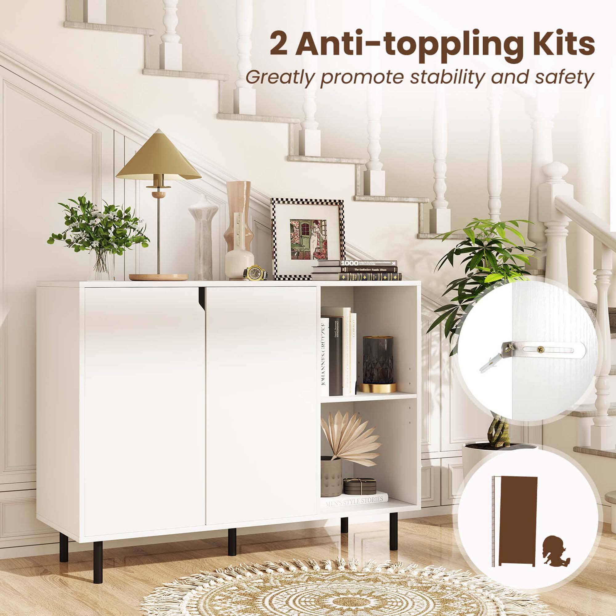 The image features a white cabinet with a variety of items on top of it. There are two anti-toppling kits that greatly promote stability and safety. Additionally, there are several books and a vase placed on the cabinet. The scene also includes a potted plant and a lamp, adding to the overall aesthetic of the space.