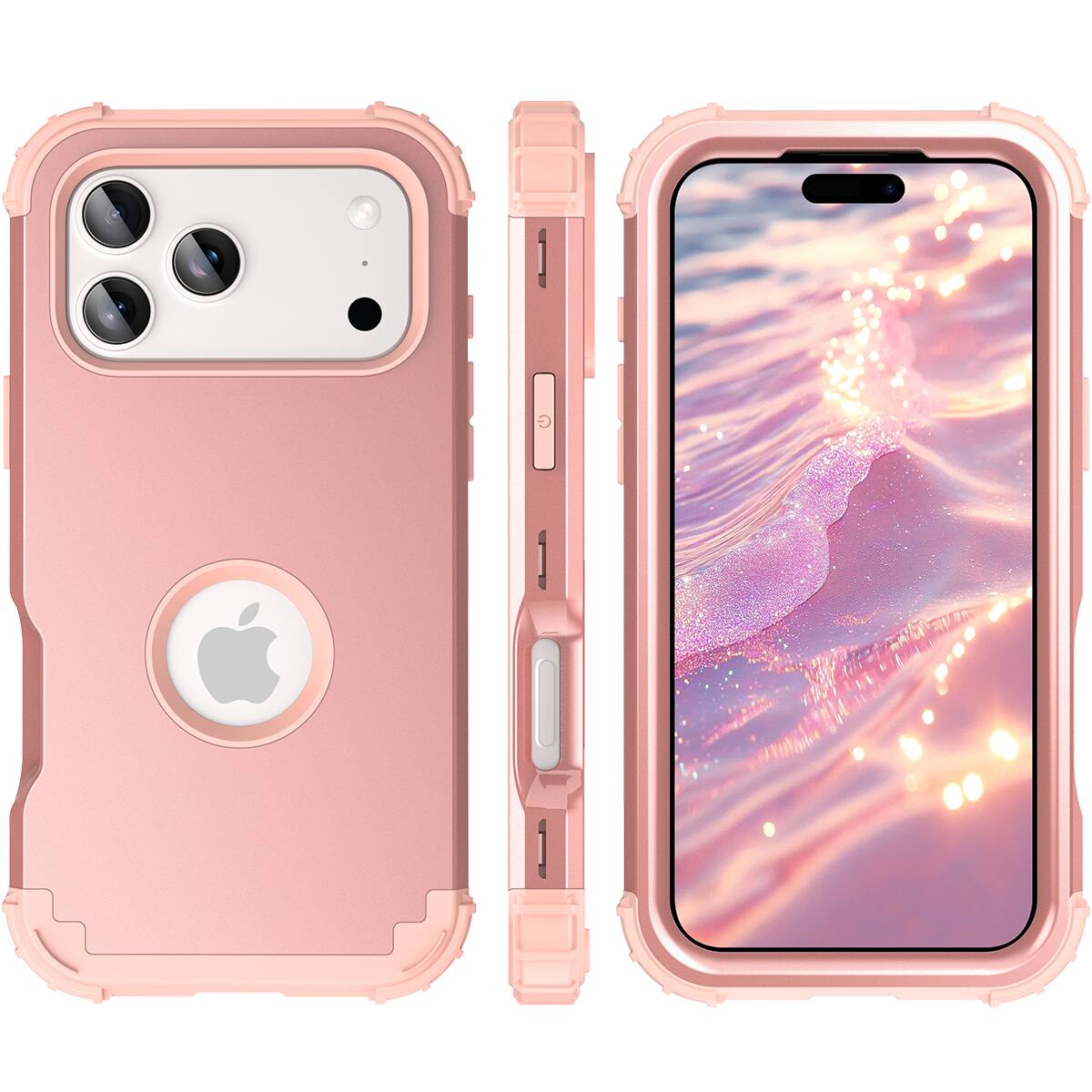 Alt View 2. Dteck - Rugged Case for Apple iPhone 17 Pro,Shockproof Soft Silicone Bumper Hard PC Back Cover,3-Layers Protective Shell - Rosegold.