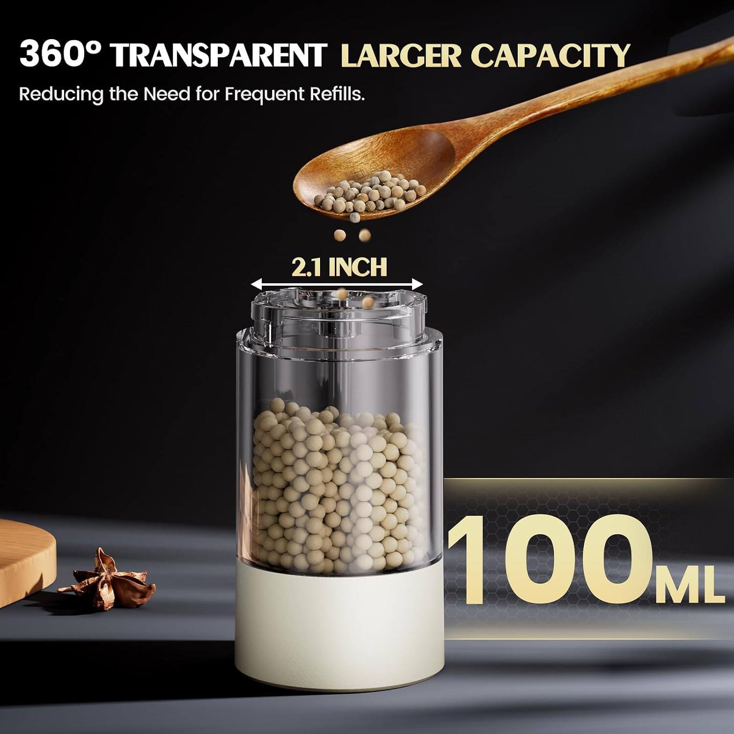360° TRANSPARENT LARGER CAPACITY  
Reducing the Need for Frequent Refills.  
2.1 INCH  
100 ML