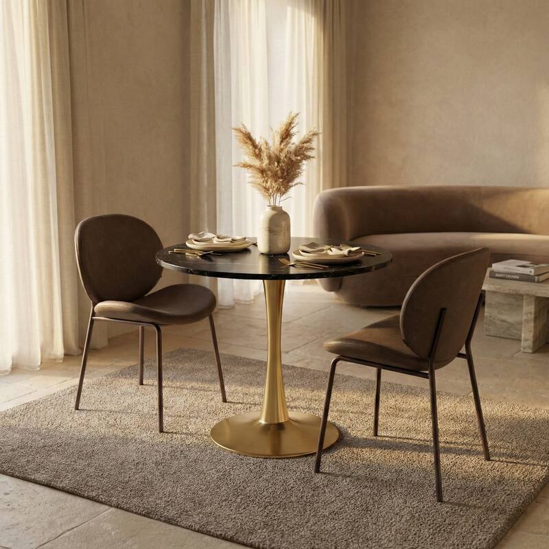 Angle. LeisureMod - Bristol 24" Round MDF/Sintered Stone Dining Table, Modern Pedestal Base - Scratch-Resistant Kitchen & Cafe Table - MDF - Marbled Black.
