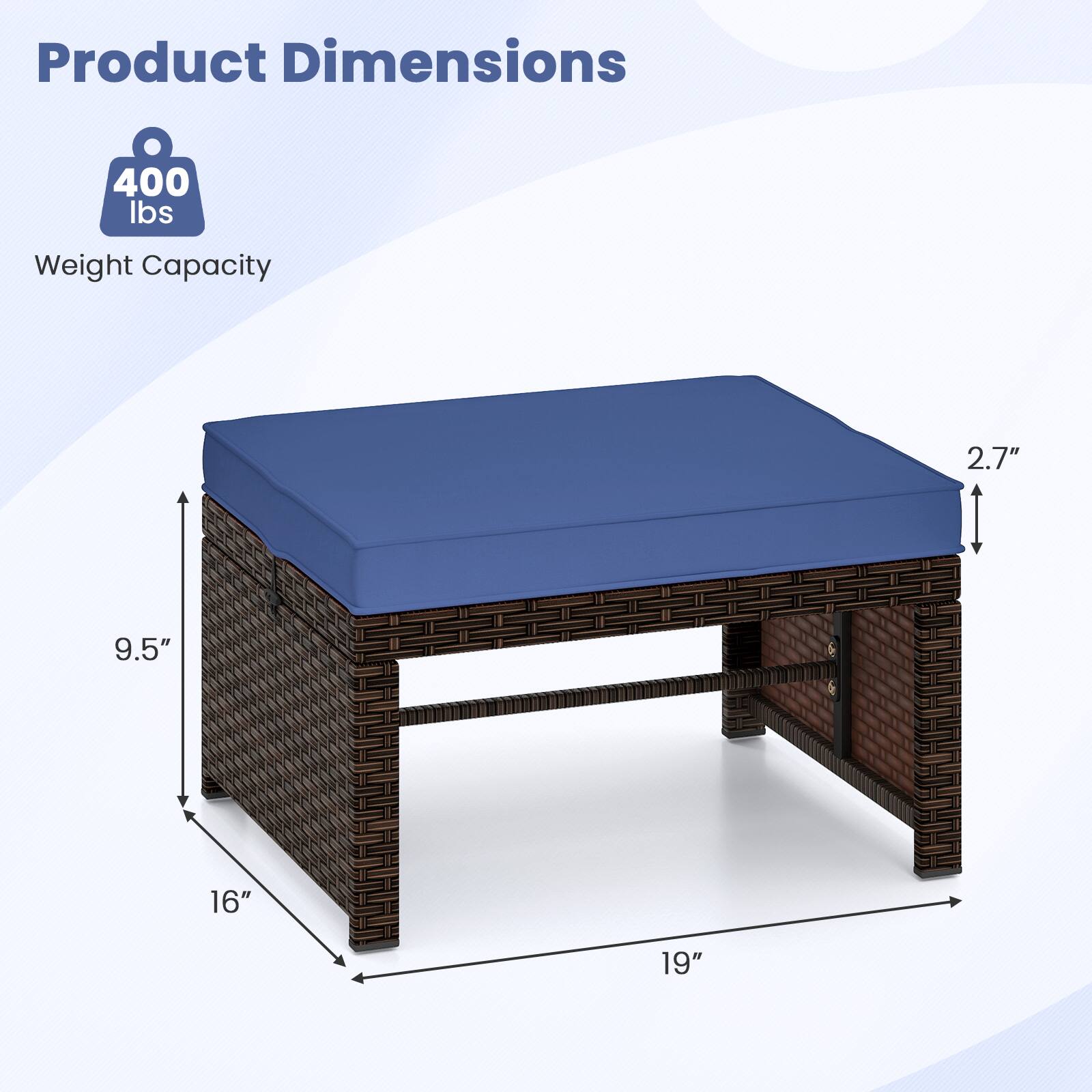Product Dimensions

Weight Capacity: 400 lbs

Dimensions:
- Height: 2.7"
- Width: 19"
- Depth: 16"
- Height of the table: 9.5"
