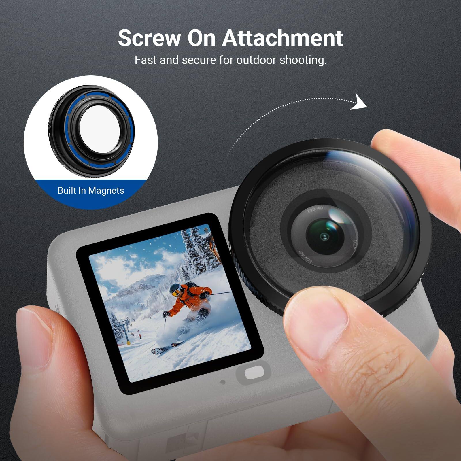Screw On Attachment  
Fast and secure for outdoor shooting.  
Built In Magnets
