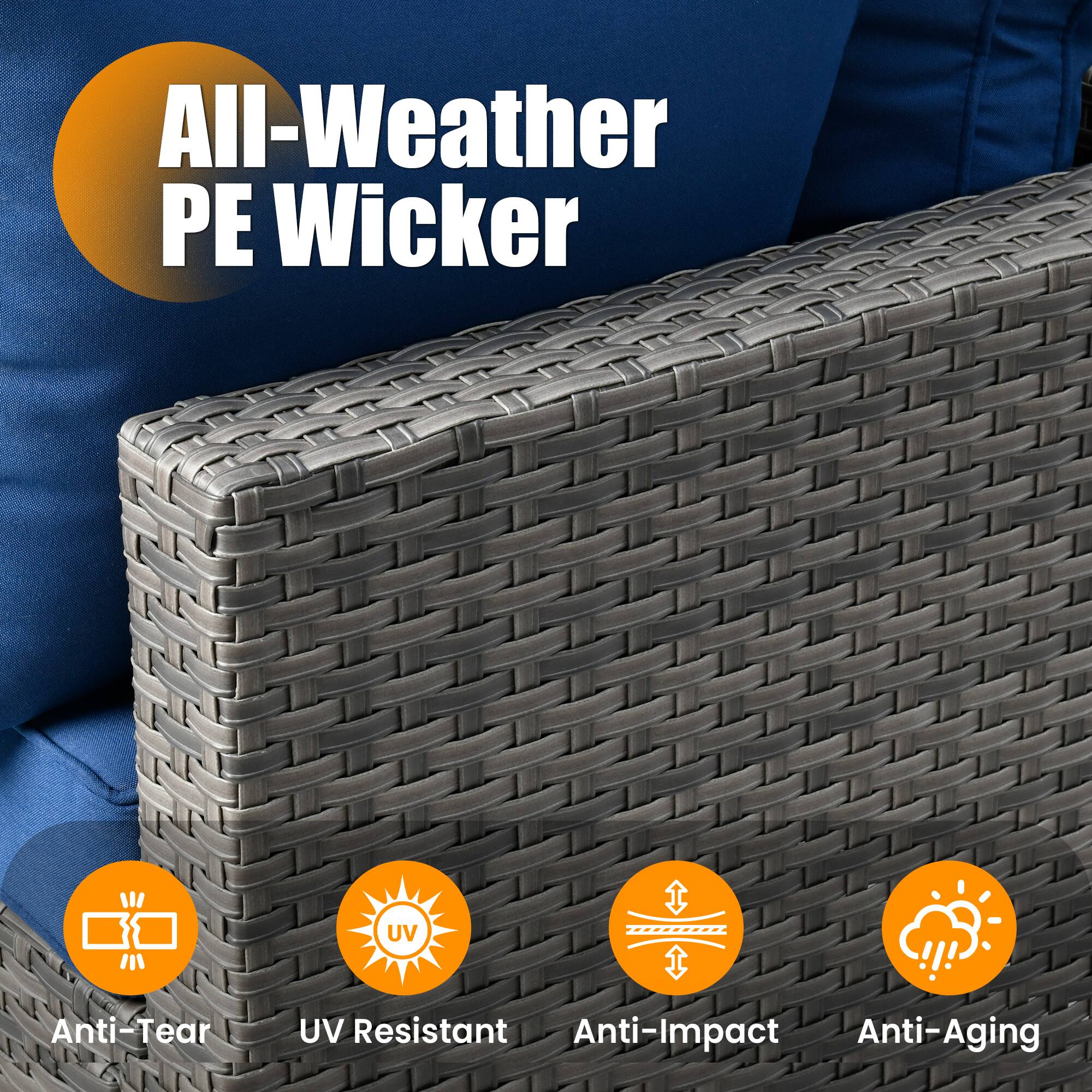 All-Weather PE Wicker

- Anti-Tear
- UV Resistant
- Anti-Impact
- Anti-Aging