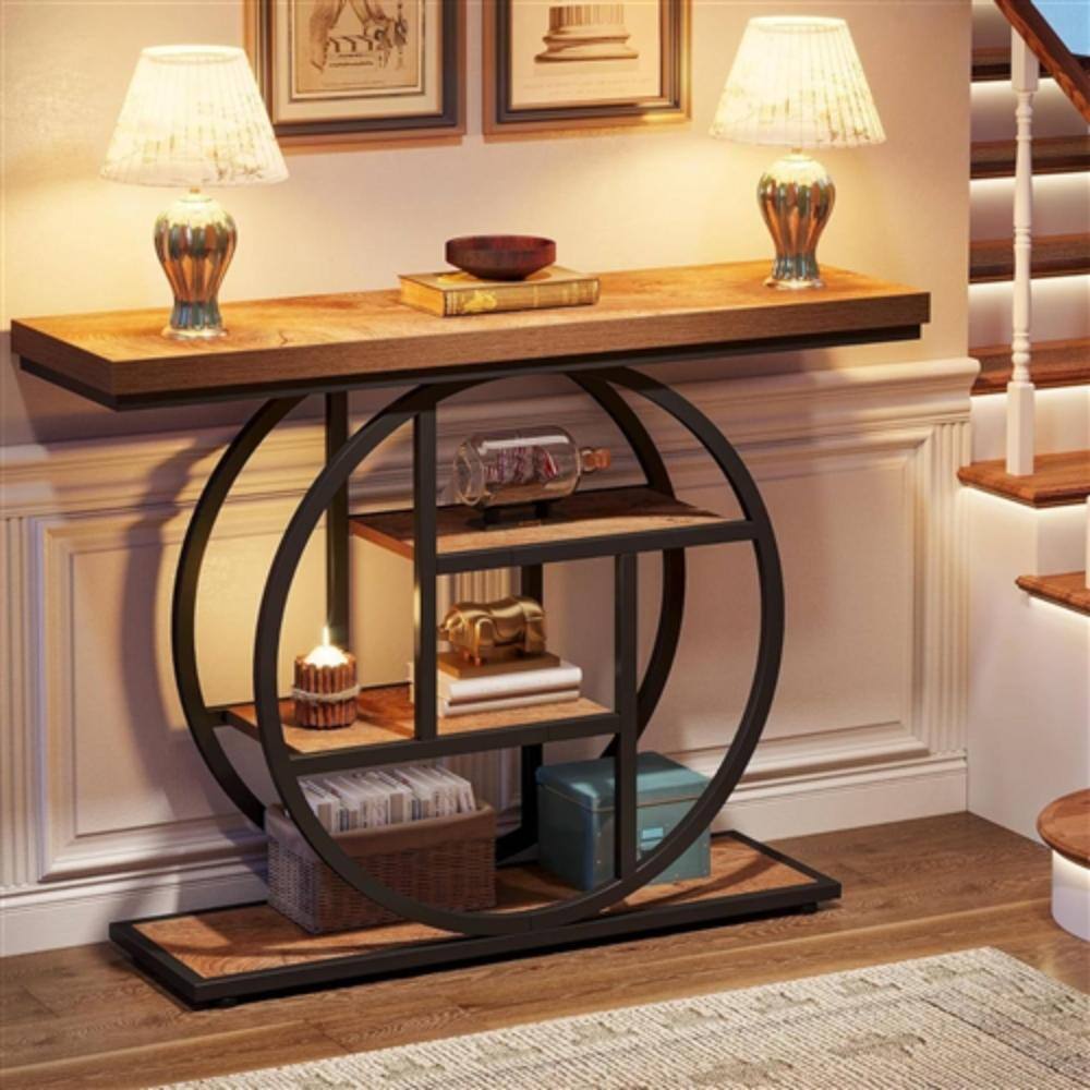 Back. Hivvago - Modern 41-inch Round Base Entryway Sofa Table with Brown Wood Finish Shelves - Brown.