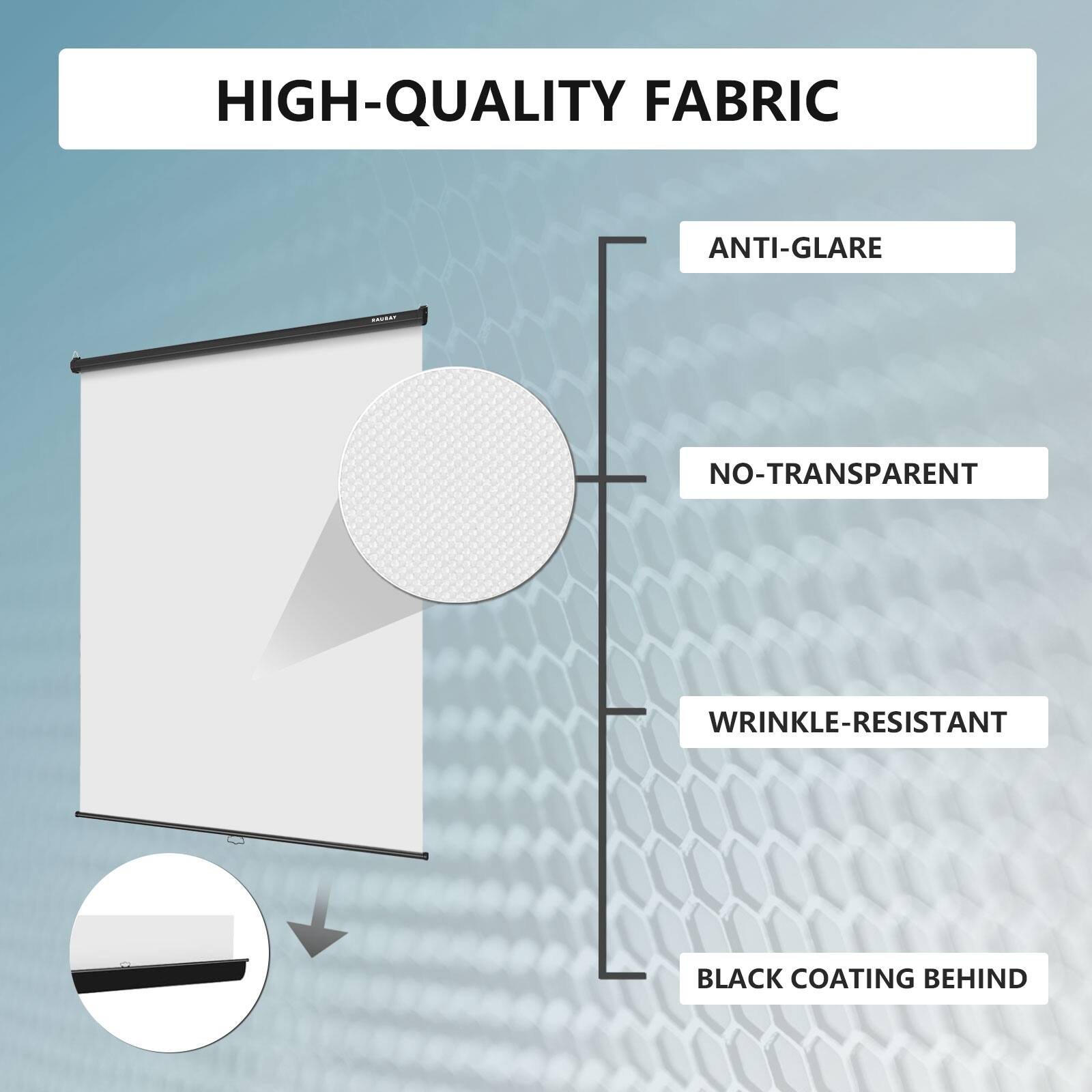 HIGH-QUALITY FABRIC
ANTI-GLARE
NO-TRANSPARENT
WRINKLE-RESISTANT
BLACK COATING BEHIND