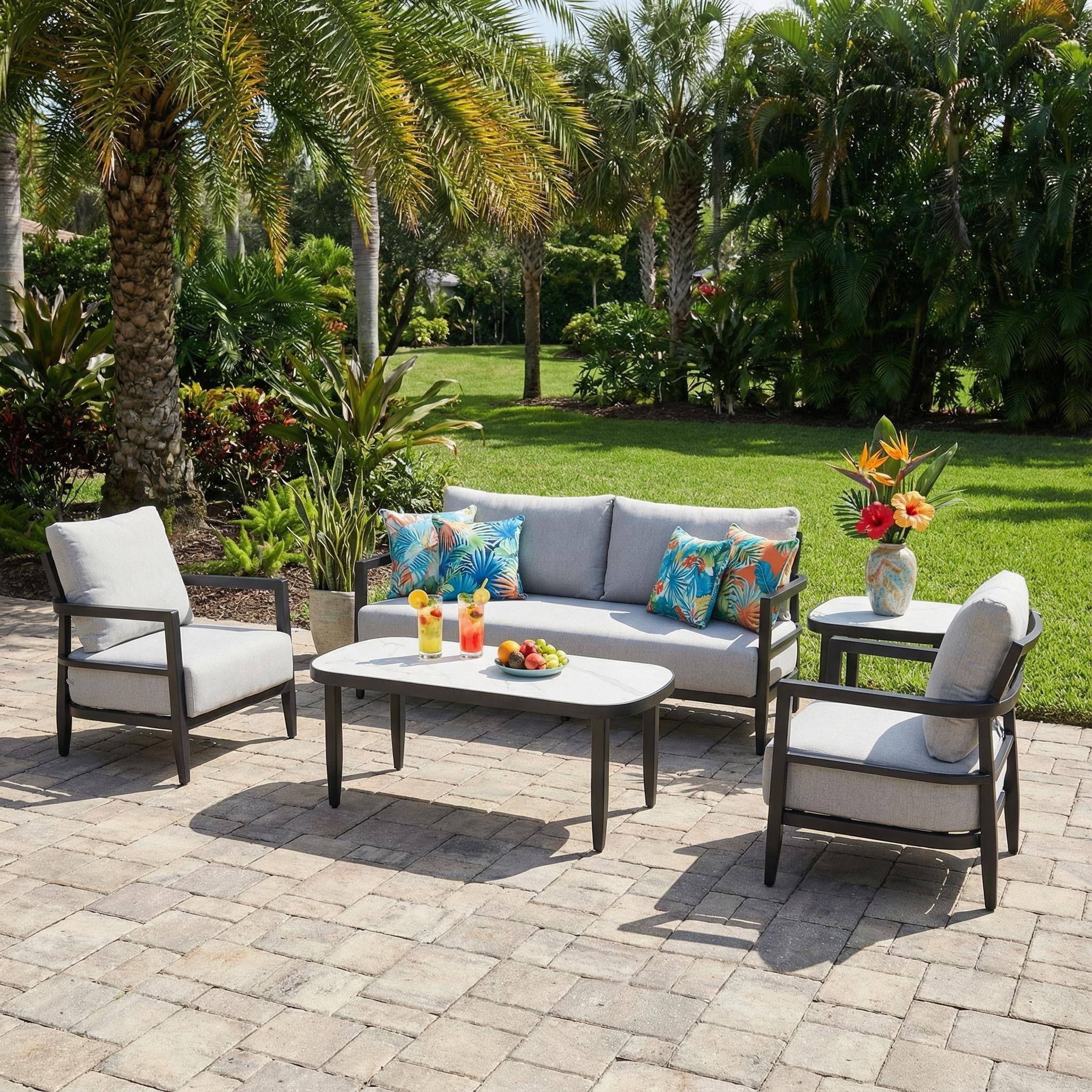 Angle. Mondawe - 5-Piece Outdoor Conversation Set with Fully Weld Club Chairs, Bench Sofa, Marble-Inspired Tables and Sunbrella Cushions - Ember Black+Grey.