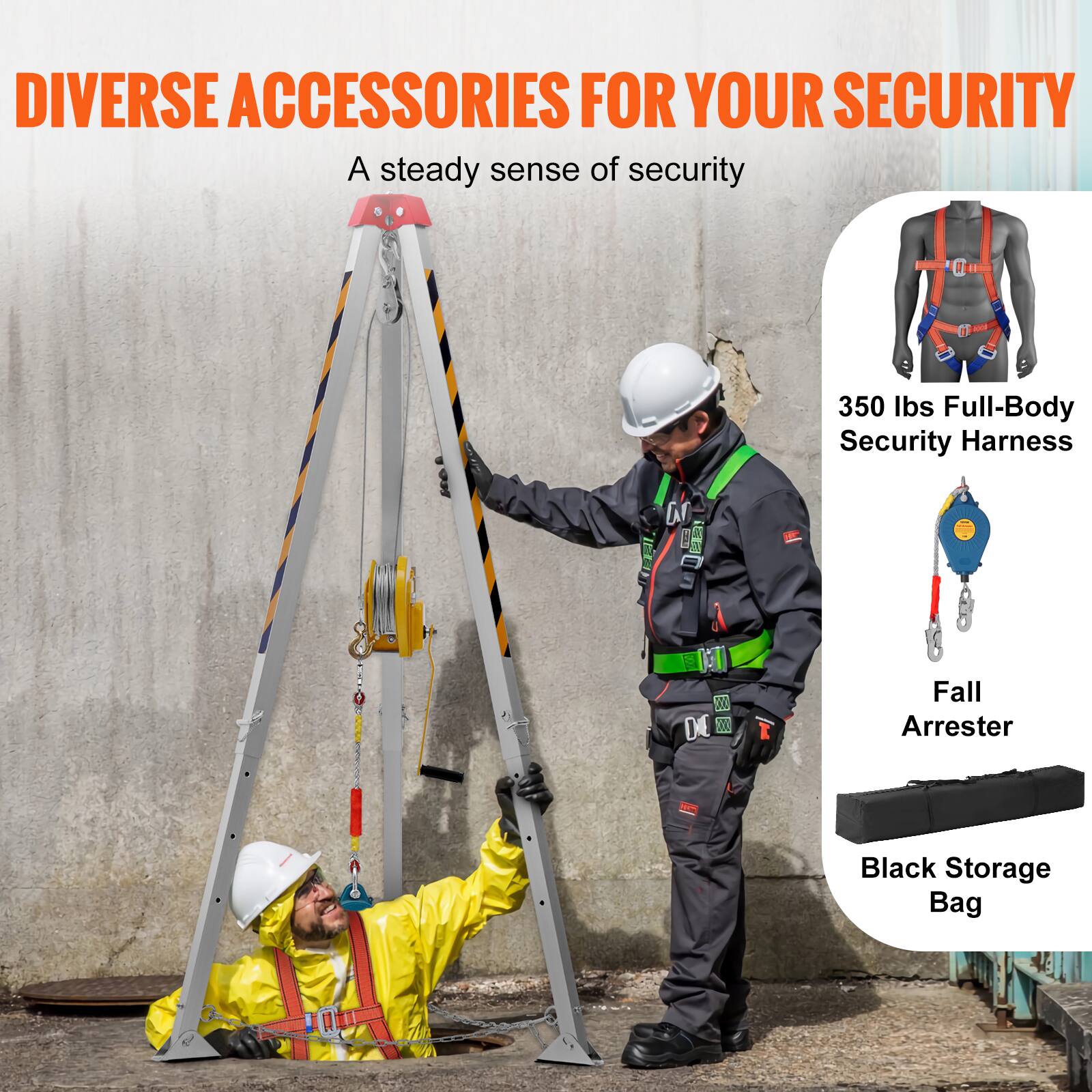 DIVERSE ACCESSORIES FOR YOUR SECURITY  
A steady sense of security  

1 - 350 lbs Full-Body Security Harness  
Fall Arrester  
Black Storage Bag