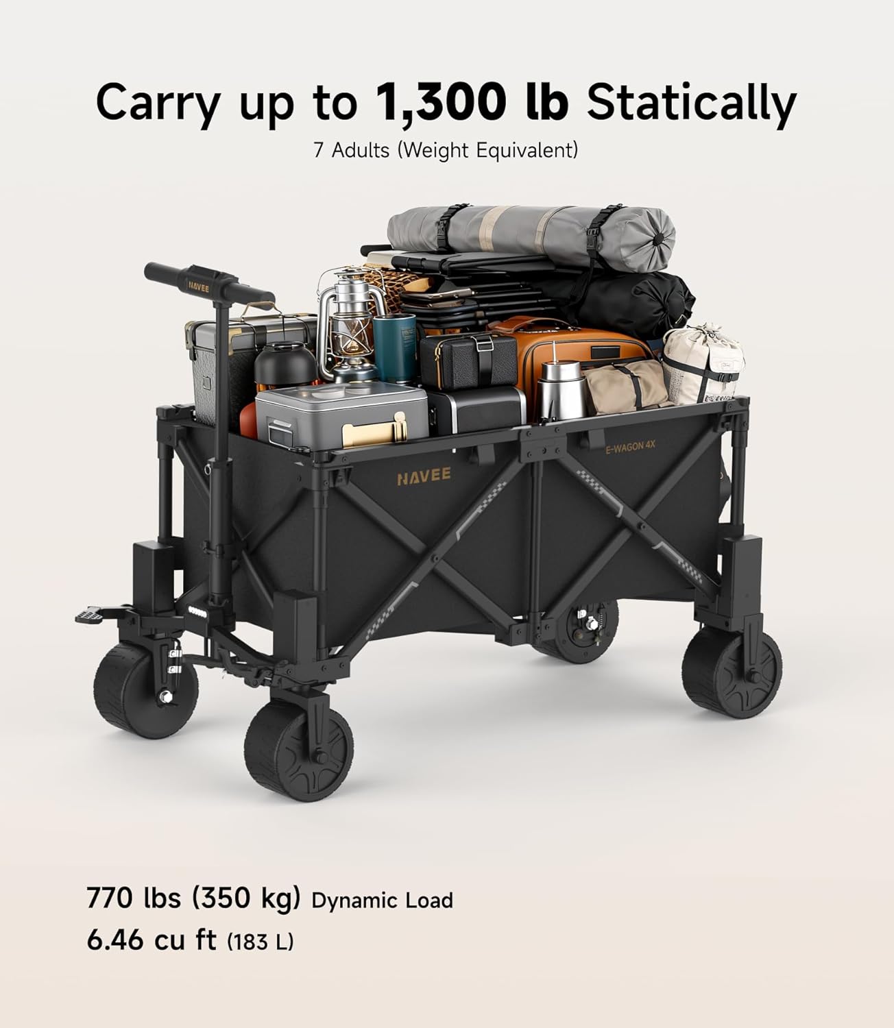 Carry up to 1,300 lb Statically  
7 Adults (Weight Equivalent)  

MAVEE NAVEE E-WAGON 4X  

770 lbs (350 kg) Dynamic Load  
6.46 cu ft (183 L)