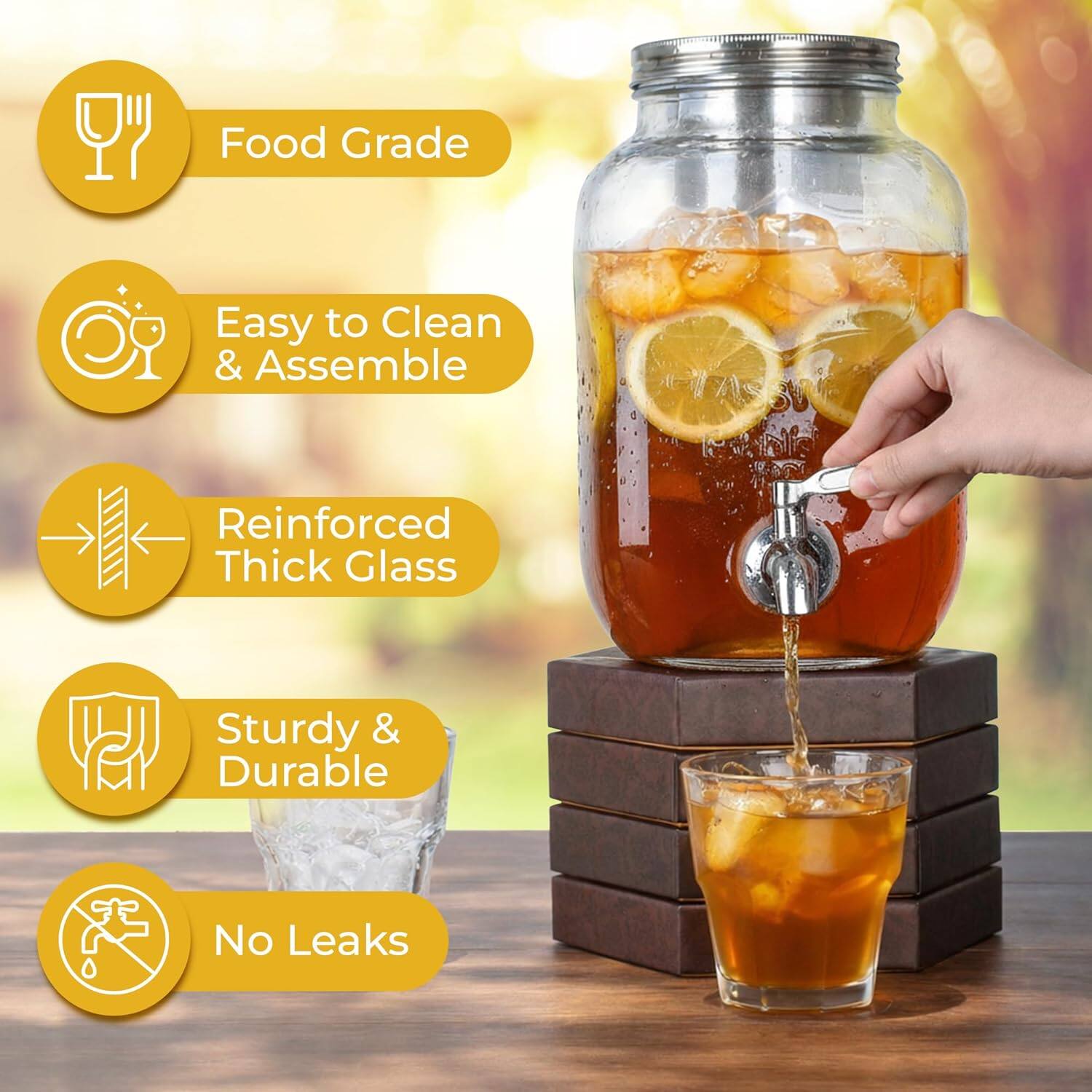 Food Grade  
Easy to Clean & Assemble  
Reinforced Thick Glass  
Sturdy & Durable  
No Leaks