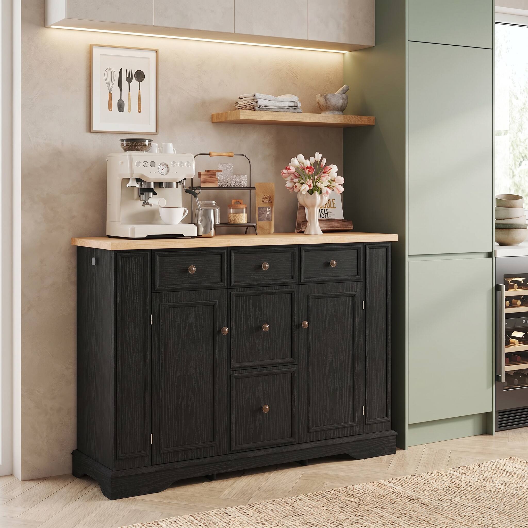 Alt View 9. Forest'nSky - Black Sideboard Buffet Cabinet with Storage,5 Drawers, 2 Cabinets, Adjustable Shelves for Dining Room - Black.