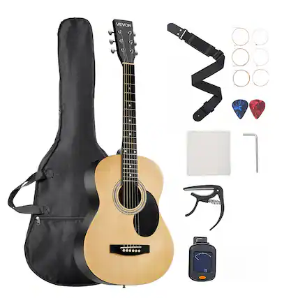 Front. VEVOR - 39-Inch Dreadnought Acoustic Guitar, 6-String Natural Spruce Top, Portable Set with Gig Bag, Tuner, Strap, Steel Strings - Natural.