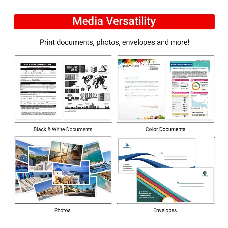 Media Versatility Print documents, photos, envelopes and more!

APPLICATION
EMPLOYMENT

INFOGRAPHIC ELEMENTS
Lorem ipsum dolor sit amet, consectetur adipiscing elit, sed do eiusmod tempor incididunt ut labore et dolore magna aliqua. Ut enim ad minim veniam, quis nostrud exercitation ullamco laboris nisi ut aliquip ex ea commodo consequat. Duis aute irure dolor in reprehenderit in voluptate velit esse cillum dolore eu fugiat nulla pariatur.

HEADLINE

Example:

Black & White Documents
Color Documents
Photos
Envelopes