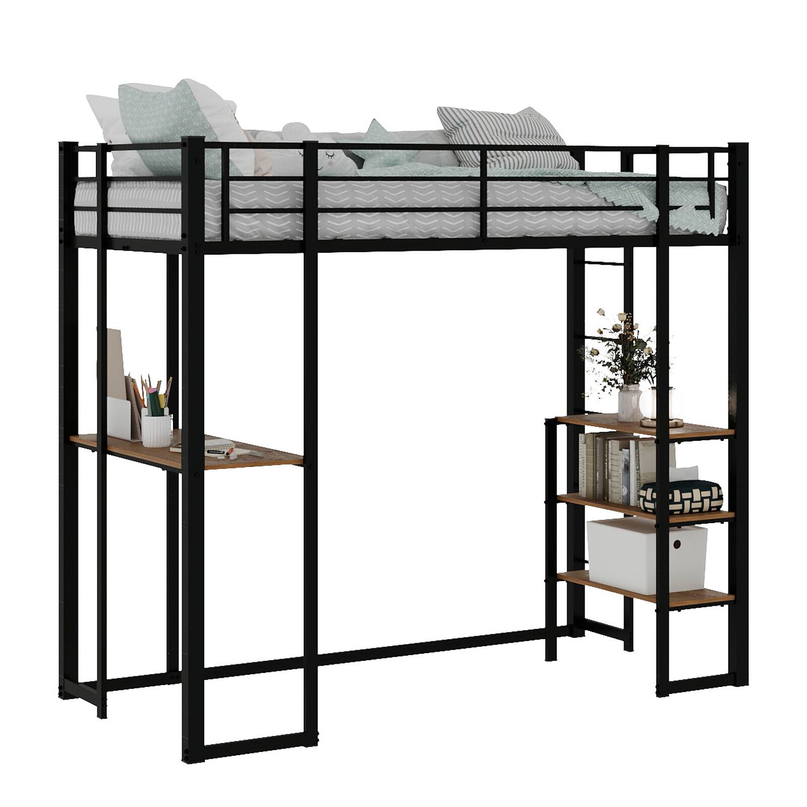 Alt View 8. Loheer - Loheer Twin Loft Bed with Desk and Storage Shelves Modern Black Metal Wood Space Saving Frame - Black.