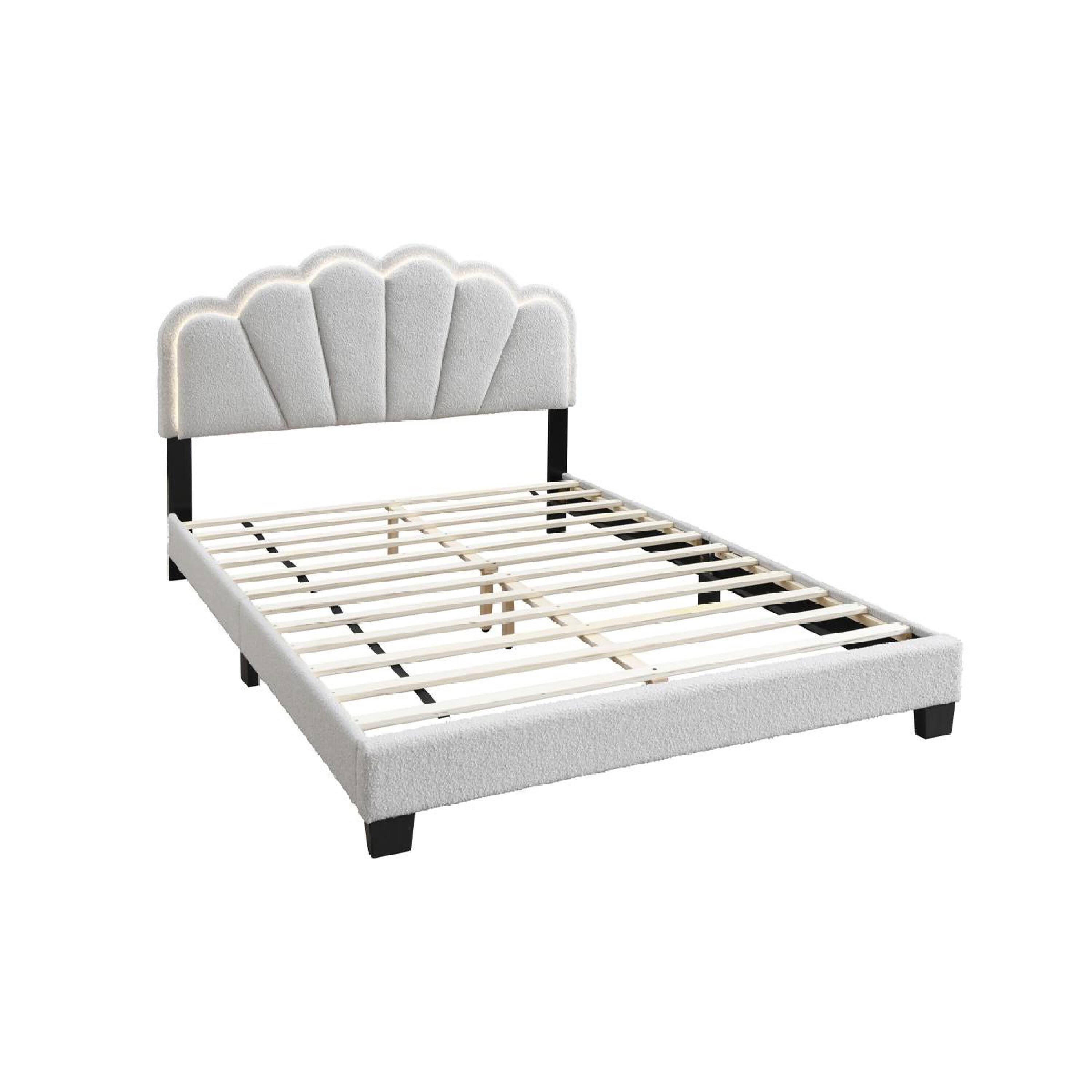 Alt View 3. Manhattan Lane - Geny Queen Size Bed, Classic White Wool Upholstery and LED, Glam Arch - White, Black.